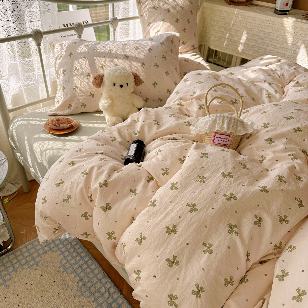 91家纺网 家纺一手货源 找家纺 暖芯优选 2025新款加厚爆款小布袋韩国古法水洗棉床单学生三件套床笠款四件套 蝴蝶结-米黄