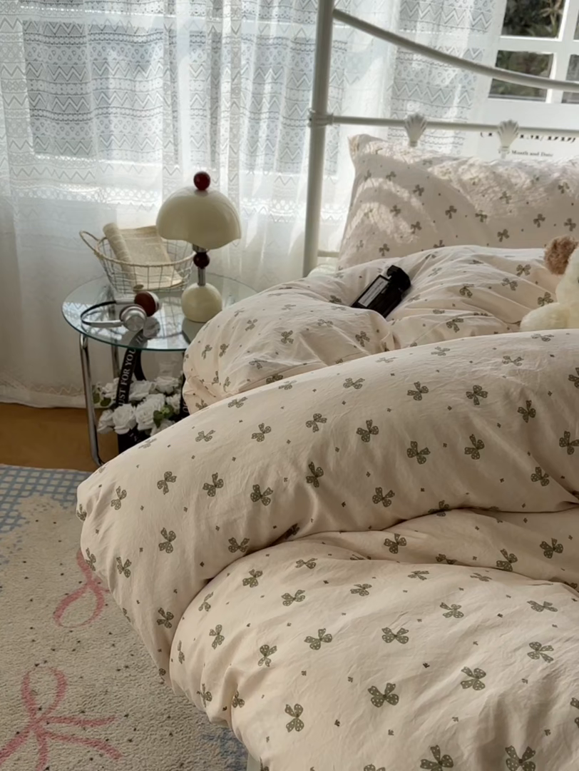 91家纺网 家纺一手货源 找家纺 暖芯优选 2025新款加厚爆款小布袋韩国古法水洗棉床单学生三件套床笠款四件套 蝴蝶结-米黄