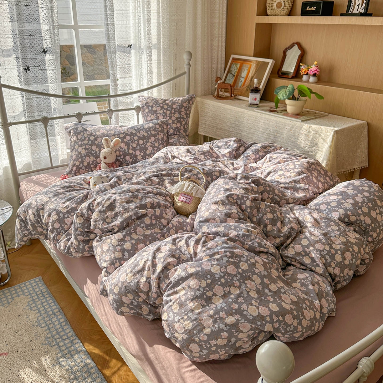 91家纺网 家纺一手货源 找家纺 暖芯优选 2025新款加厚爆款小布袋韩国古法水洗棉床单学生三件套床笠款四件套 花漾