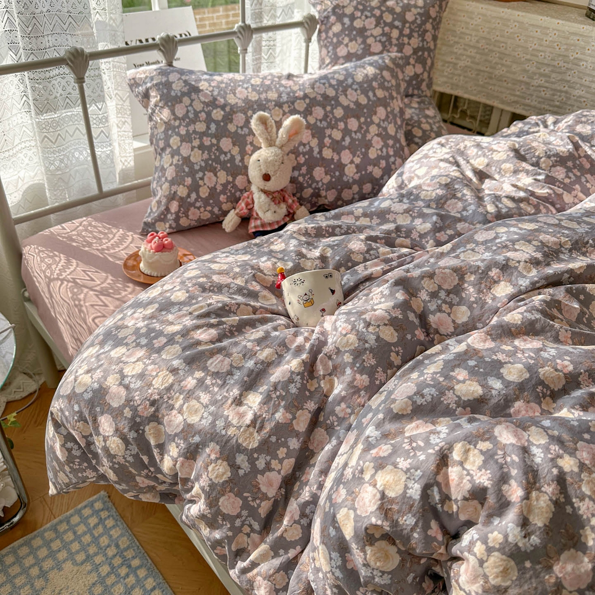 91家纺网 家纺一手货源 找家纺 暖芯优选 2025新款加厚爆款小布袋韩国古法水洗棉床单学生三件套床笠款四件套 花漾