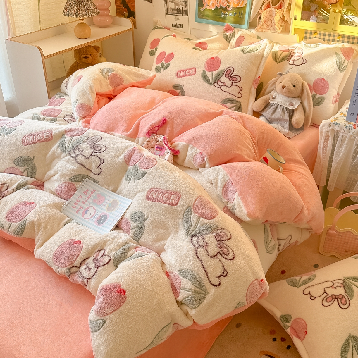 91家纺网 家纺一手货源 找家纺 韩巢家纺 2025新款高克重雪花绒牛奶绒四件套系列 郁金香