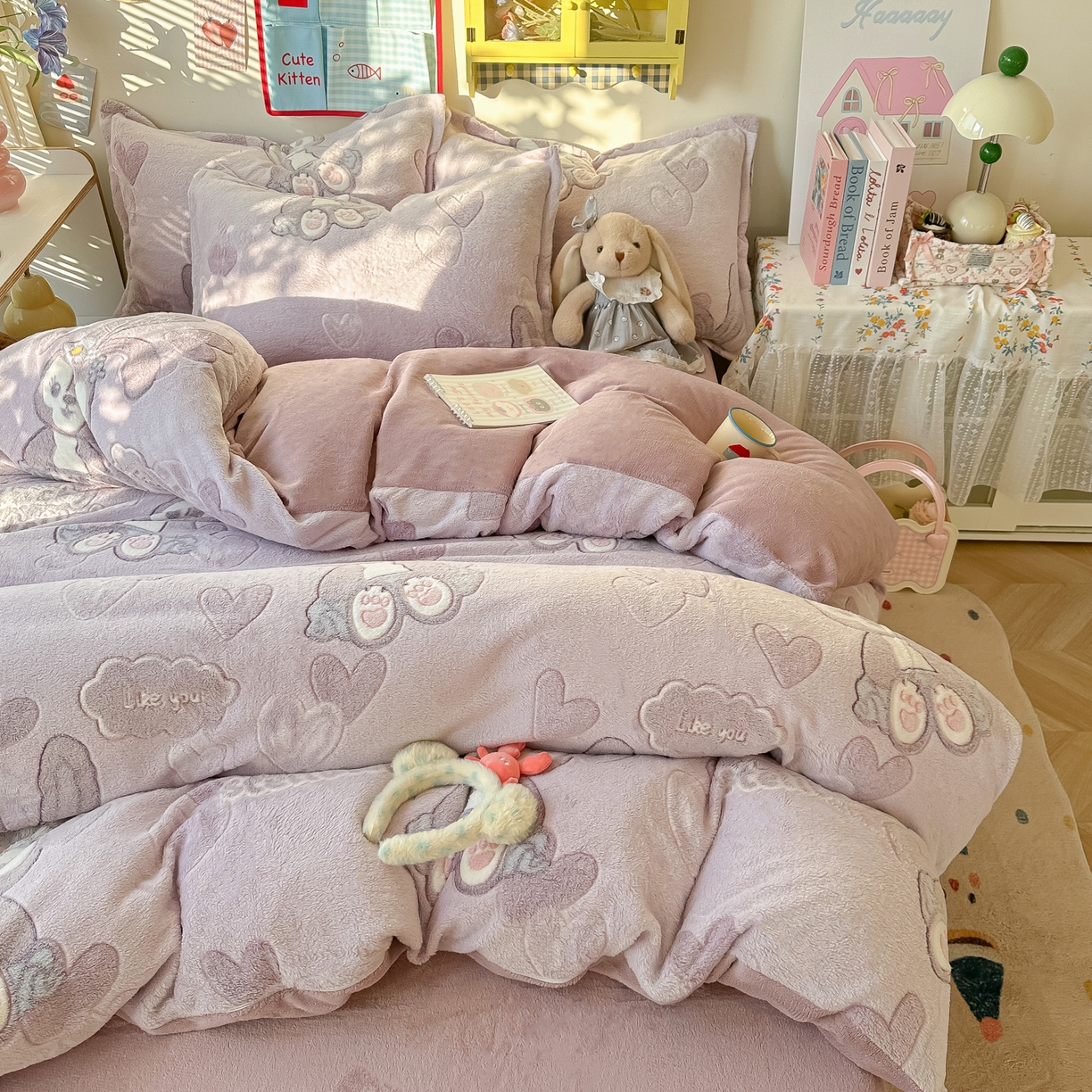 91家纺网 家纺一手货源 找家纺 韩巢家纺 2025新款高克重雪花绒牛奶绒四件套系列 幸运兔