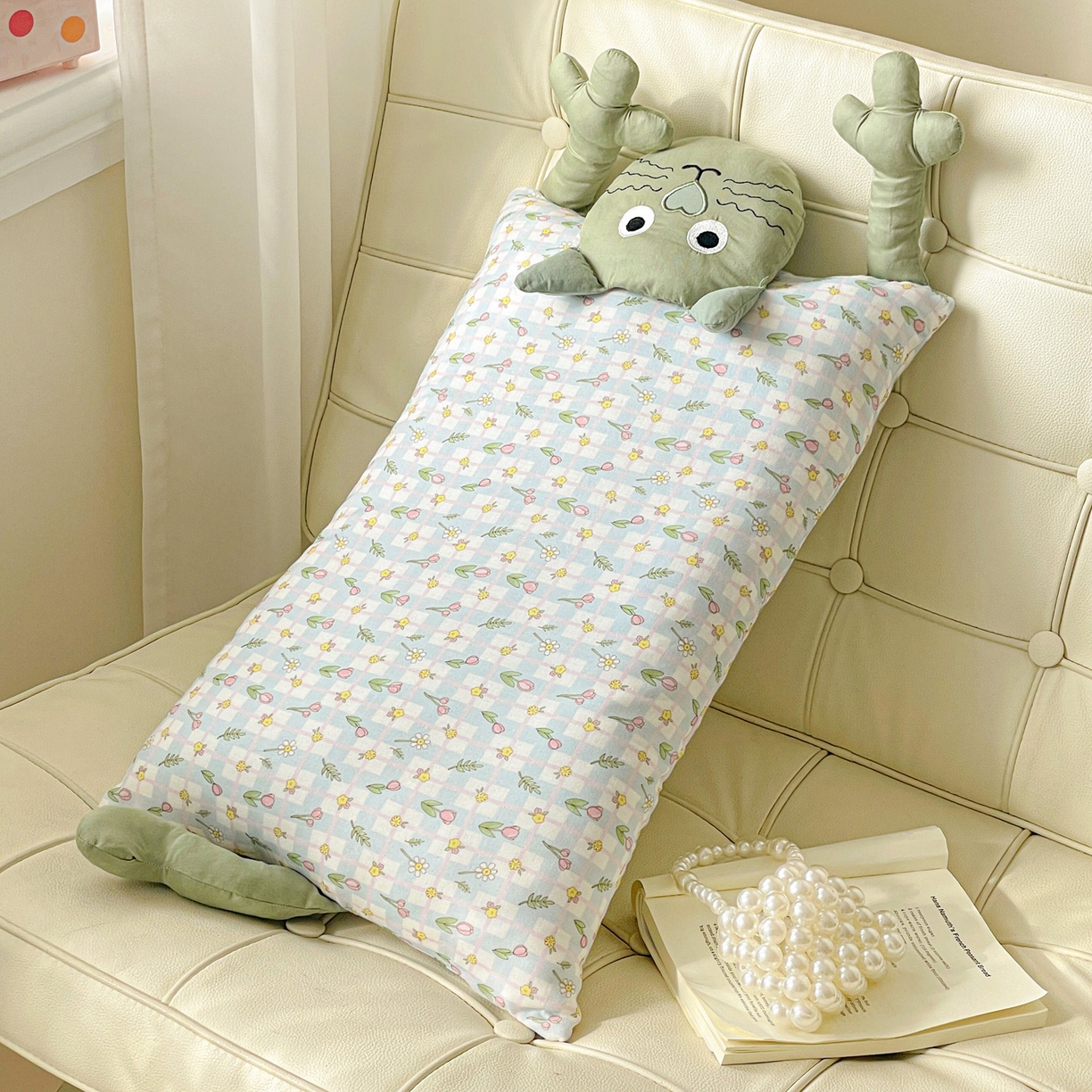 91家纺网 家纺一手货源 找家纺 亦帆枕芯 2025新款爆款哇塞猫羽丝绒枕芯加枕套成人儿童枕芯枕套 哇塞猫-绿【羽丝绒款】