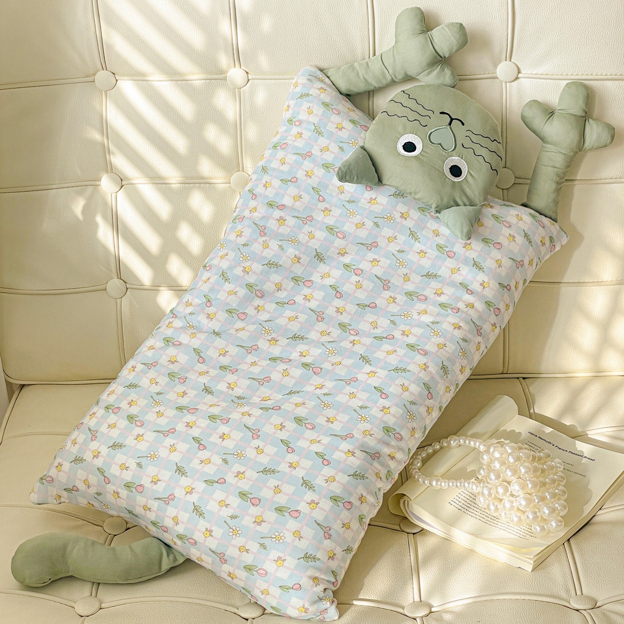 91家纺网 家纺一手货源 找家纺 亦帆枕芯 2025新款爆款哇塞猫羽丝绒枕芯加枕套成人儿童枕芯枕套 哇塞猫-绿【羽丝绒款】