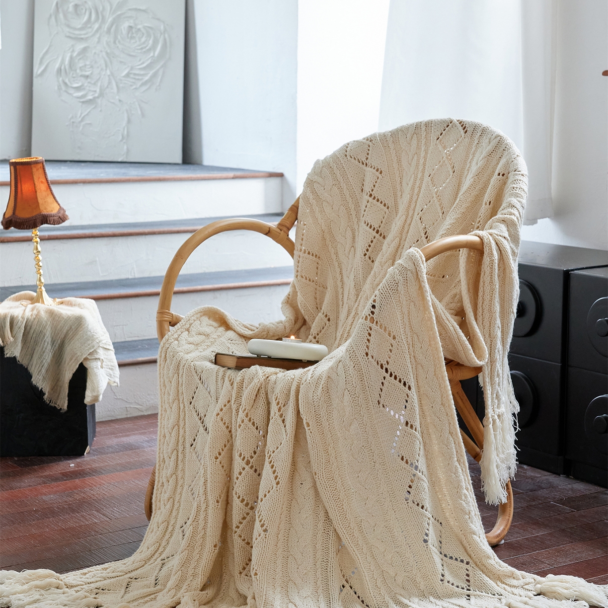 （总）暖绵绵家纺 2025新款针织流苏针织毯-克拉白（最低零售价：248元）