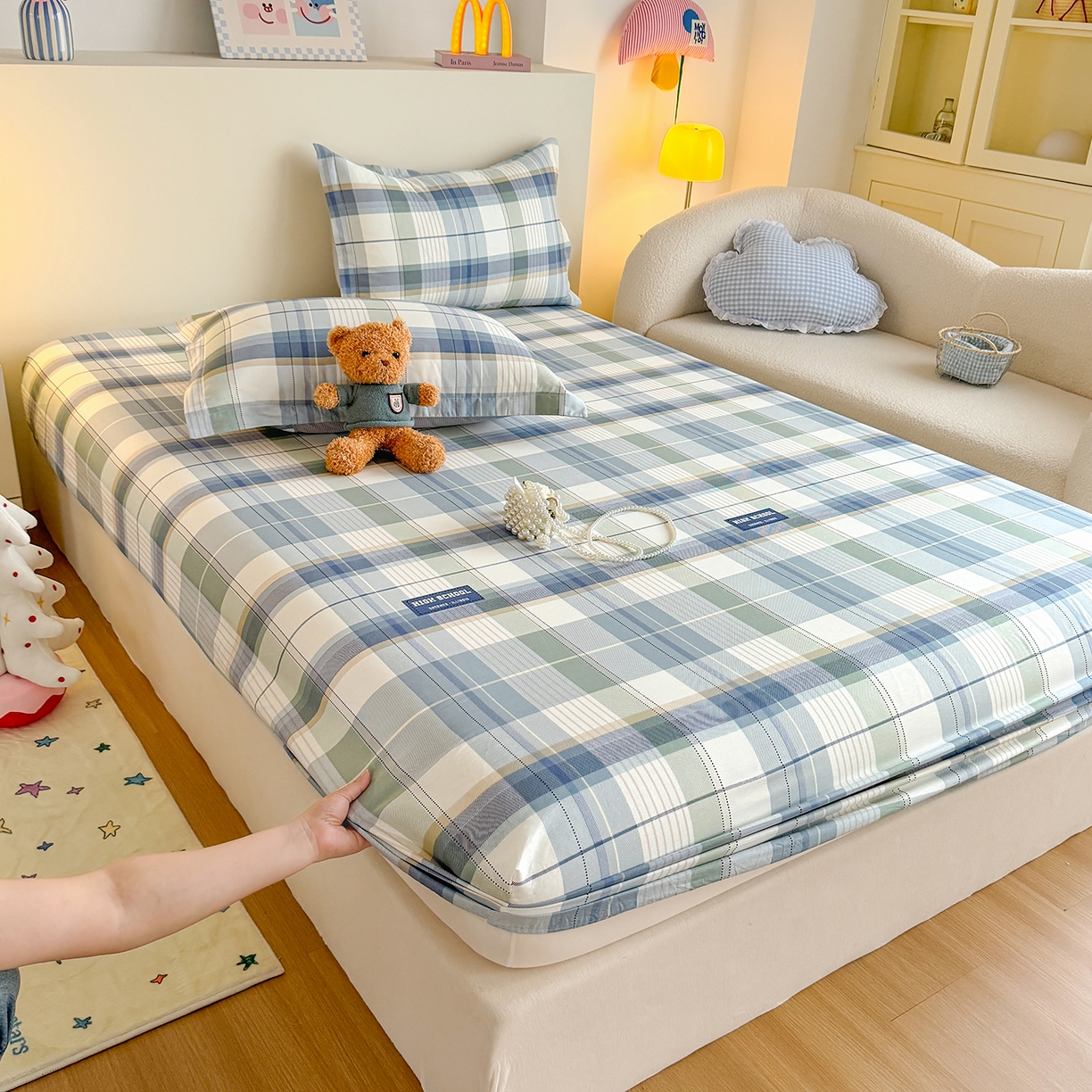 91家纺网 家纺一手货源 找家纺 尚帛 2026新款全棉品质喷气印花爆款四件套 多规格套件 单品系列-单床笠 格兰德-蓝