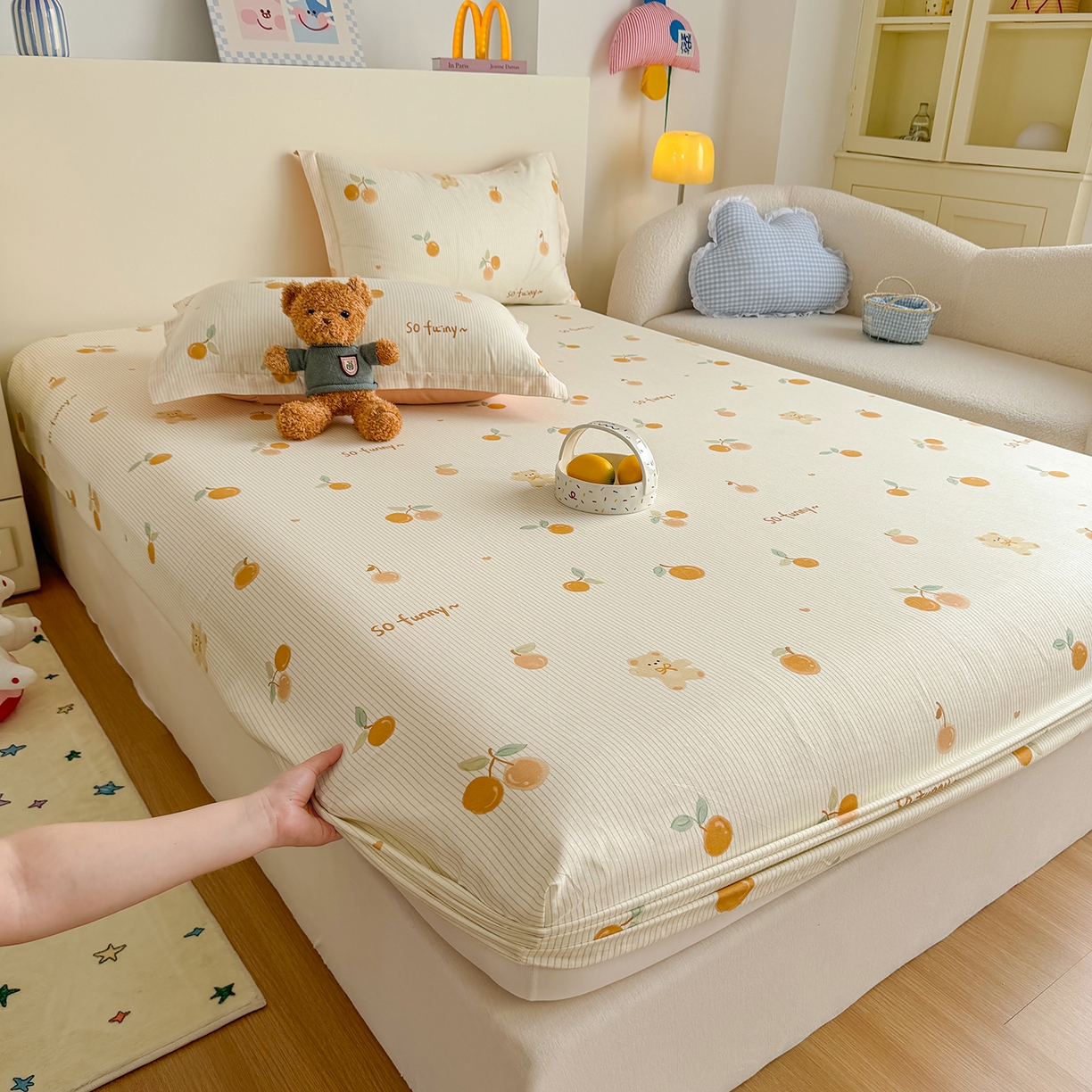 91家纺网 家纺一手货源 找家纺 尚帛 2026新款全棉品质喷气印花爆款四件套 多规格套件 单品系列-单床笠 欢乐碰碰熊