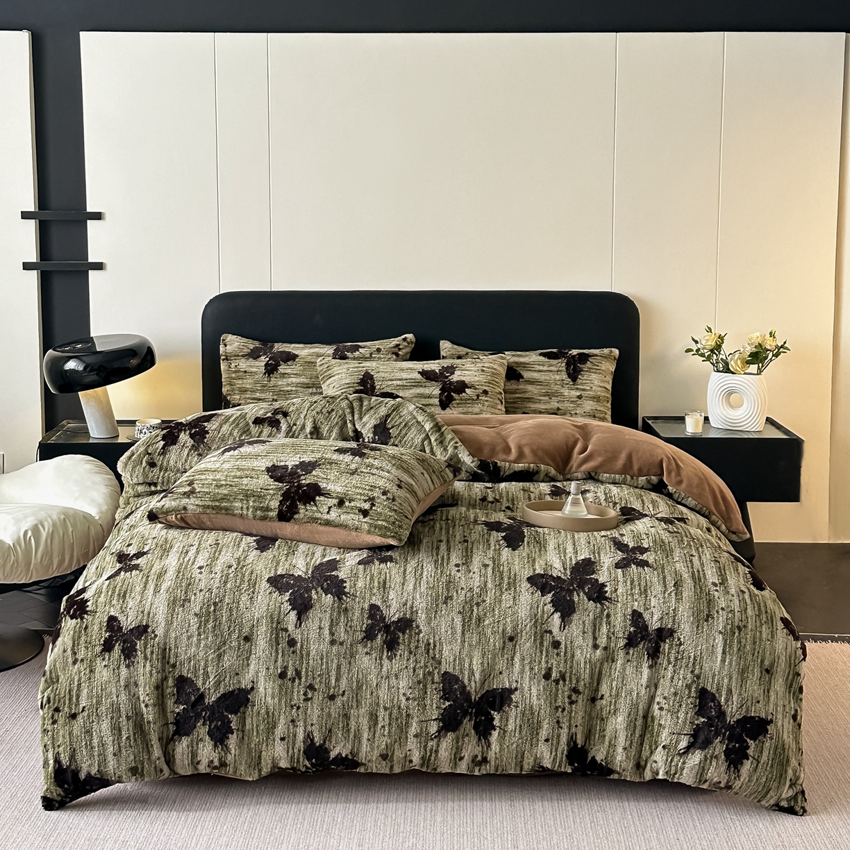 91家纺网 家纺一手货源 找家纺 乐窝家纺仓储 2025新款美拉德复古印花兔毛绒牛奶绒皮草绒床裙款四件套跨境外贸专供 优雅蝴蝶