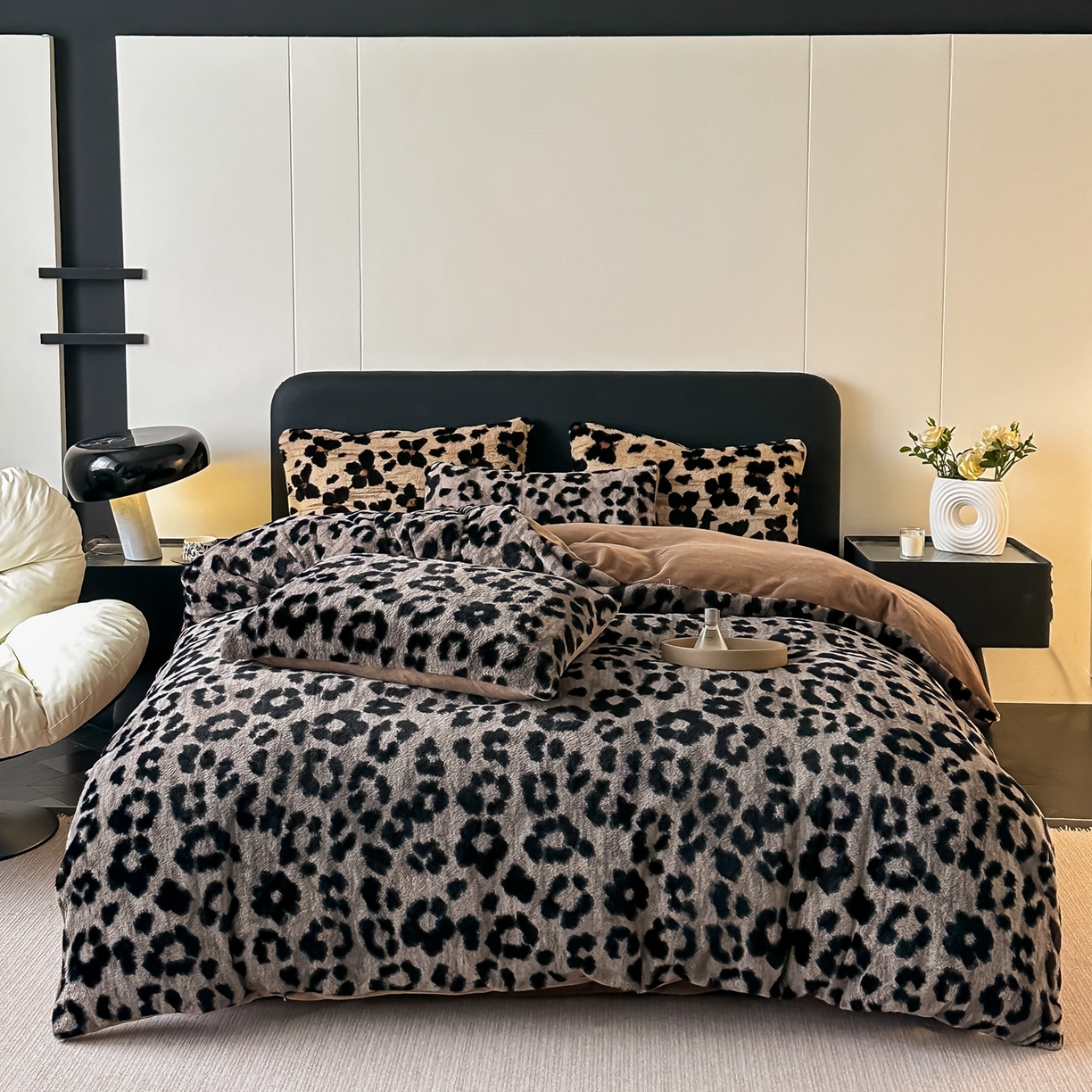 91家纺网 家纺一手货源 找家纺 乐窝家纺仓储 2025新款美拉德复古印花兔毛绒牛奶绒皮草绒床裙款四件套跨境外贸专供 时尚豹纹