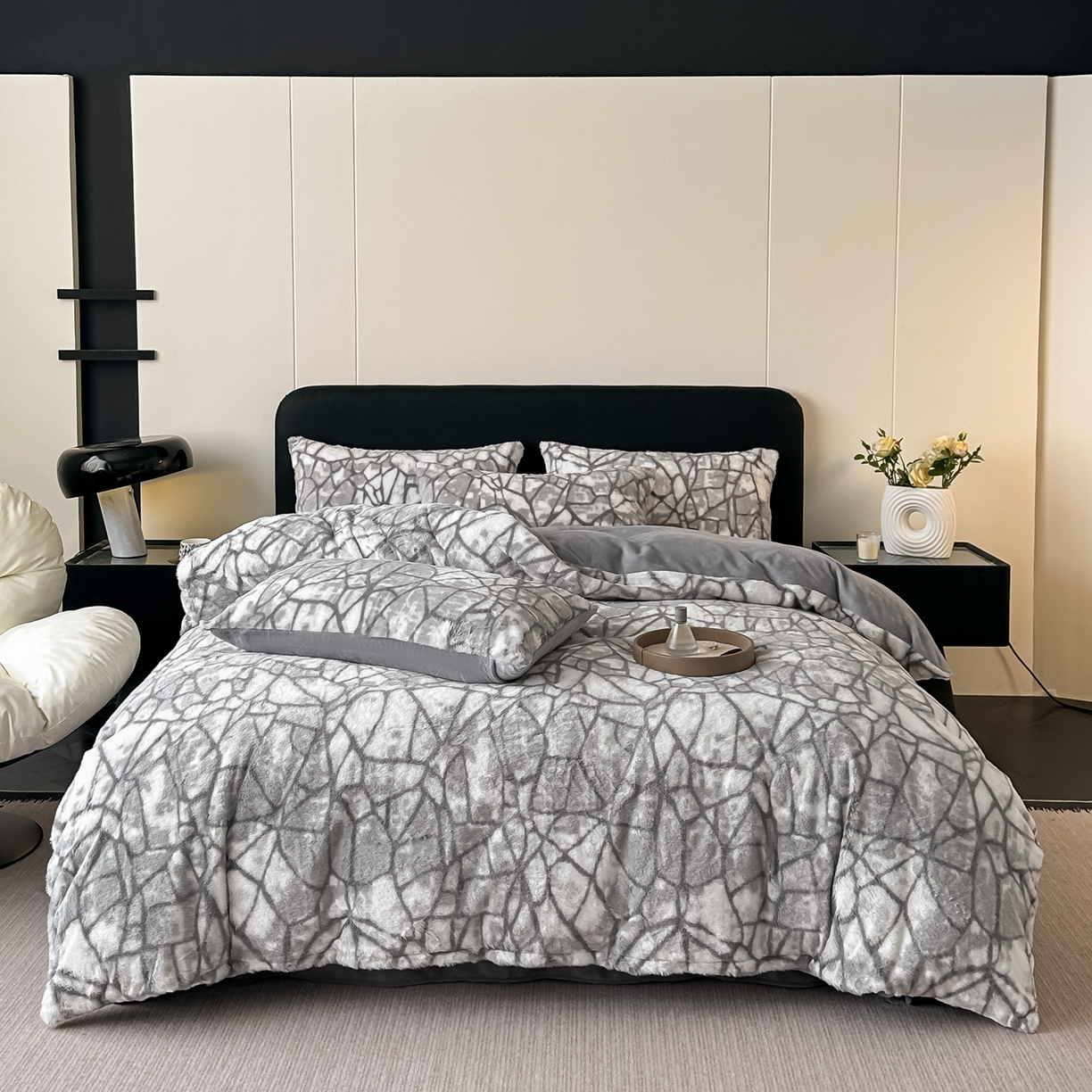 91家纺网 家纺一手货源 找家纺 乐窝家纺仓储 2025新款美拉德复古印花兔毛绒牛奶绒皮草绒床裙款四件套跨境外贸专供 几何空间