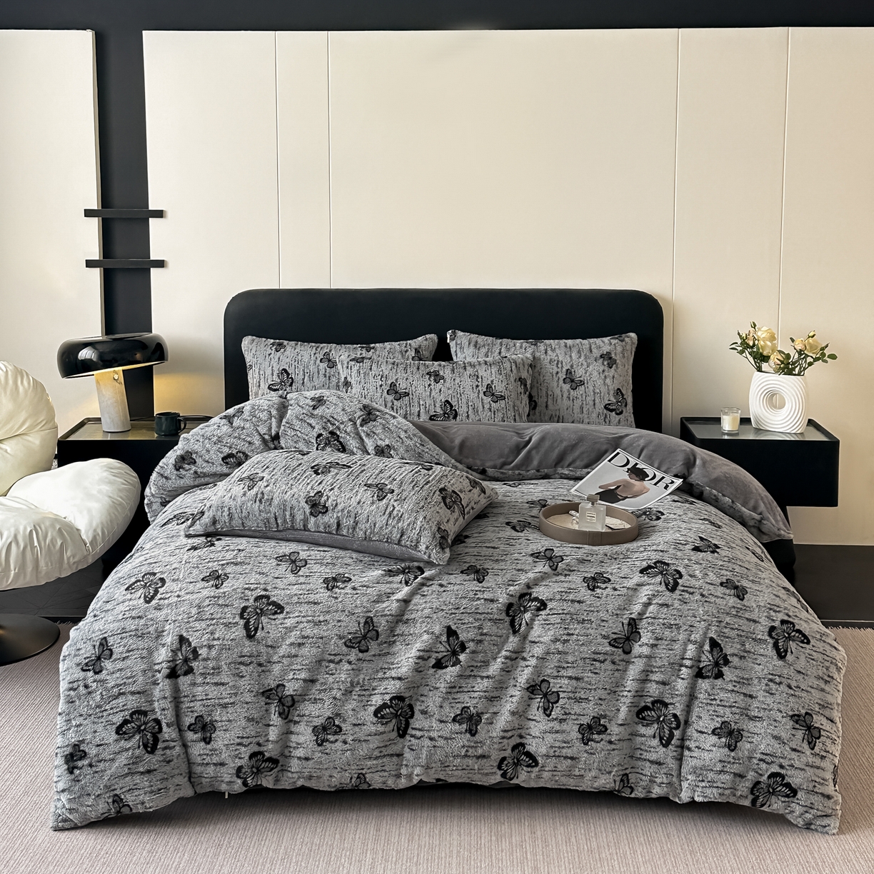 91家纺网 家纺一手货源 找家纺 乐窝家纺仓储 2025新款美拉德复古印花兔毛绒牛奶绒皮草绒床裙款四件套跨境外贸专供 蝴蝶仙子