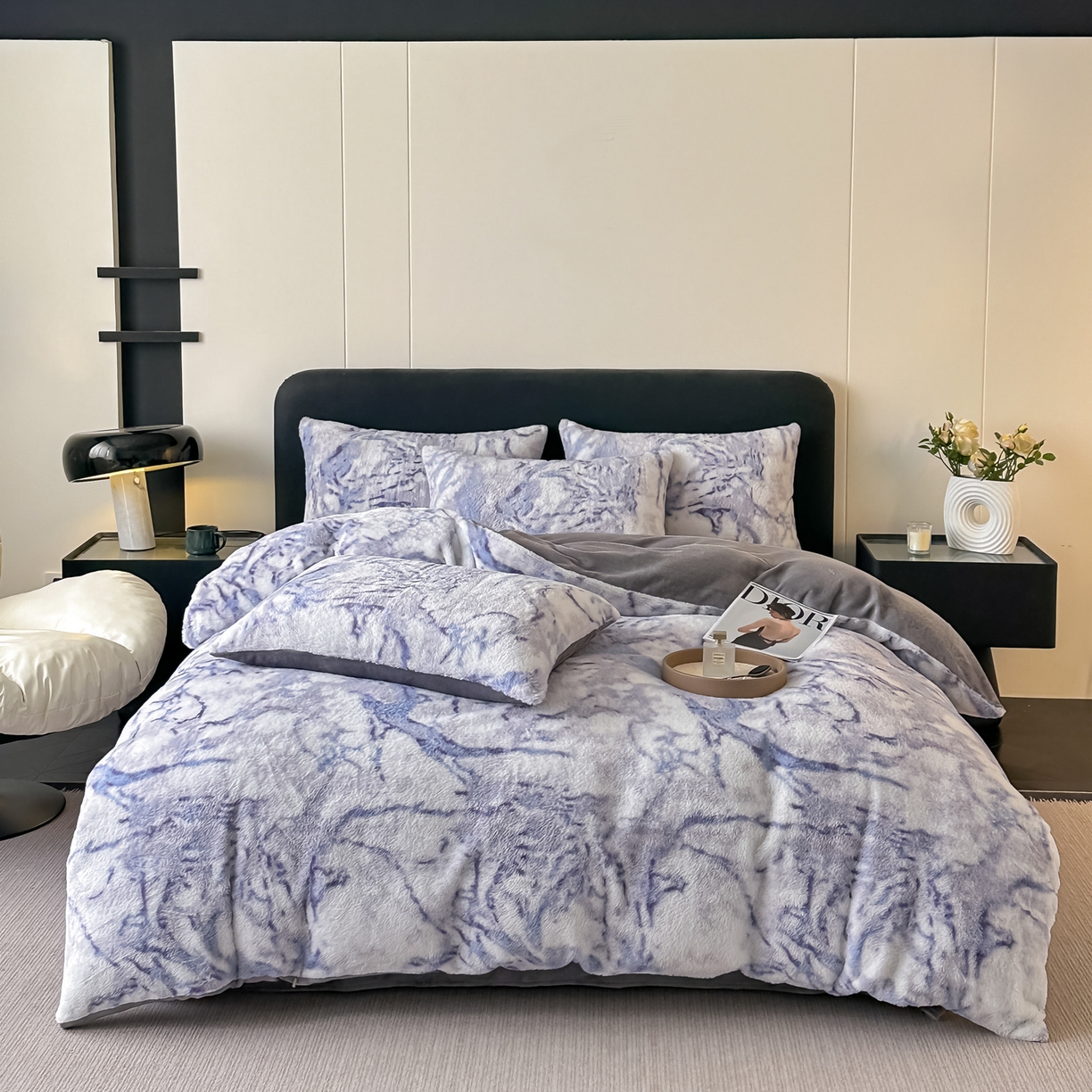 91家纺网 家纺一手货源 找家纺 乐窝家纺仓储 2025新款美拉德复古印花兔毛绒牛奶绒皮草绒床裙款四件套跨境外贸专供 大理石紫