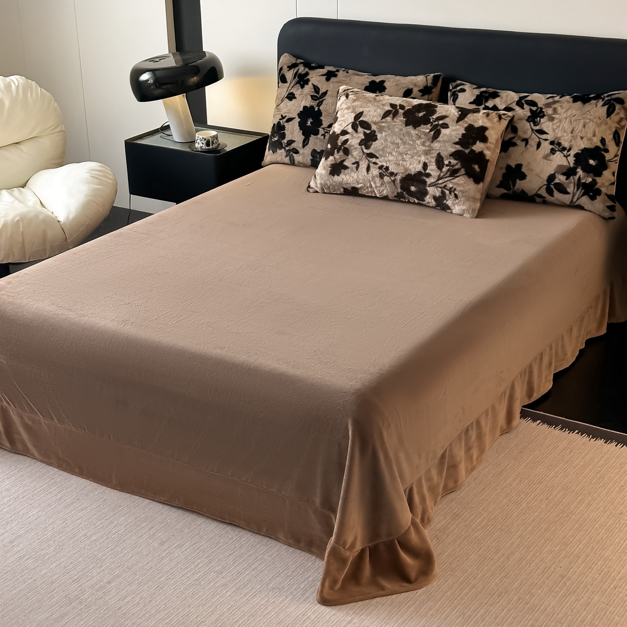 91家纺网 家纺一手货源 找家纺 乐窝家纺仓储 2025新款美拉德复古印花兔毛绒牛奶绒皮草绒床裙款四件套跨境外贸专供 简爱时尚