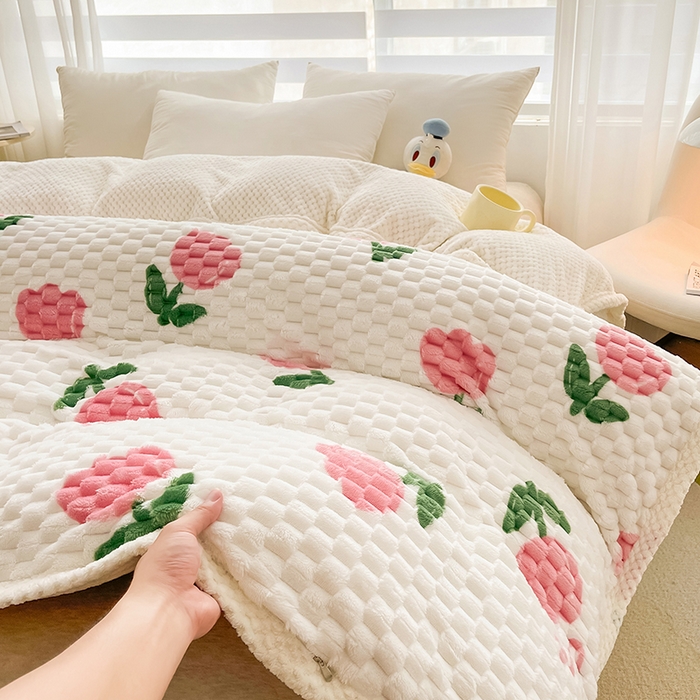 91家纺网 家纺一手货源 找家纺 熙宴家纺 2025新款可拆卸冬被被套+被芯二合一可拆洗豆豆绒棉花被子被芯 粉朵朵花