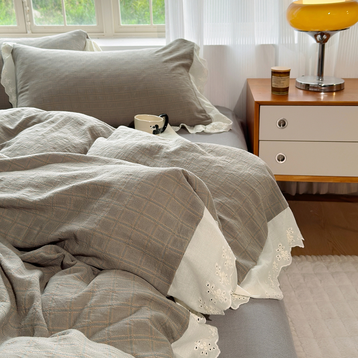 91家纺网 家纺一手货源 找家纺 （总）水洗的故事（原有乐家） 2025新款全棉水洗色织提花大花边四件套