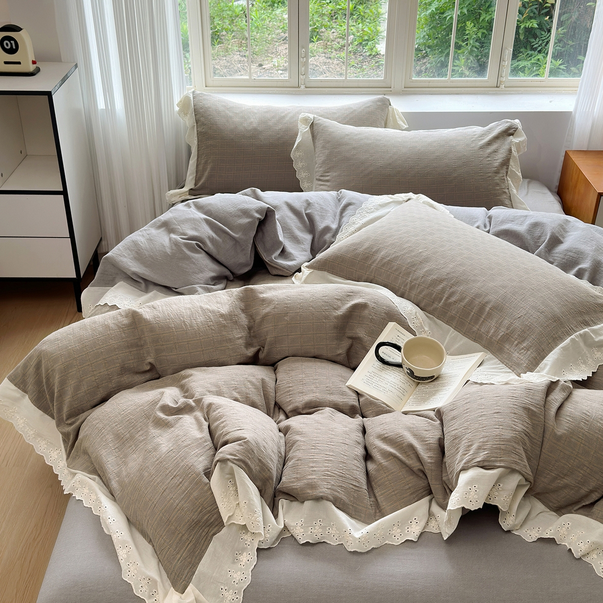 91家纺网 家纺一手货源 找家纺 （总）水洗的故事（原有乐家） 2025新款全棉水洗色织提花大花边四件套