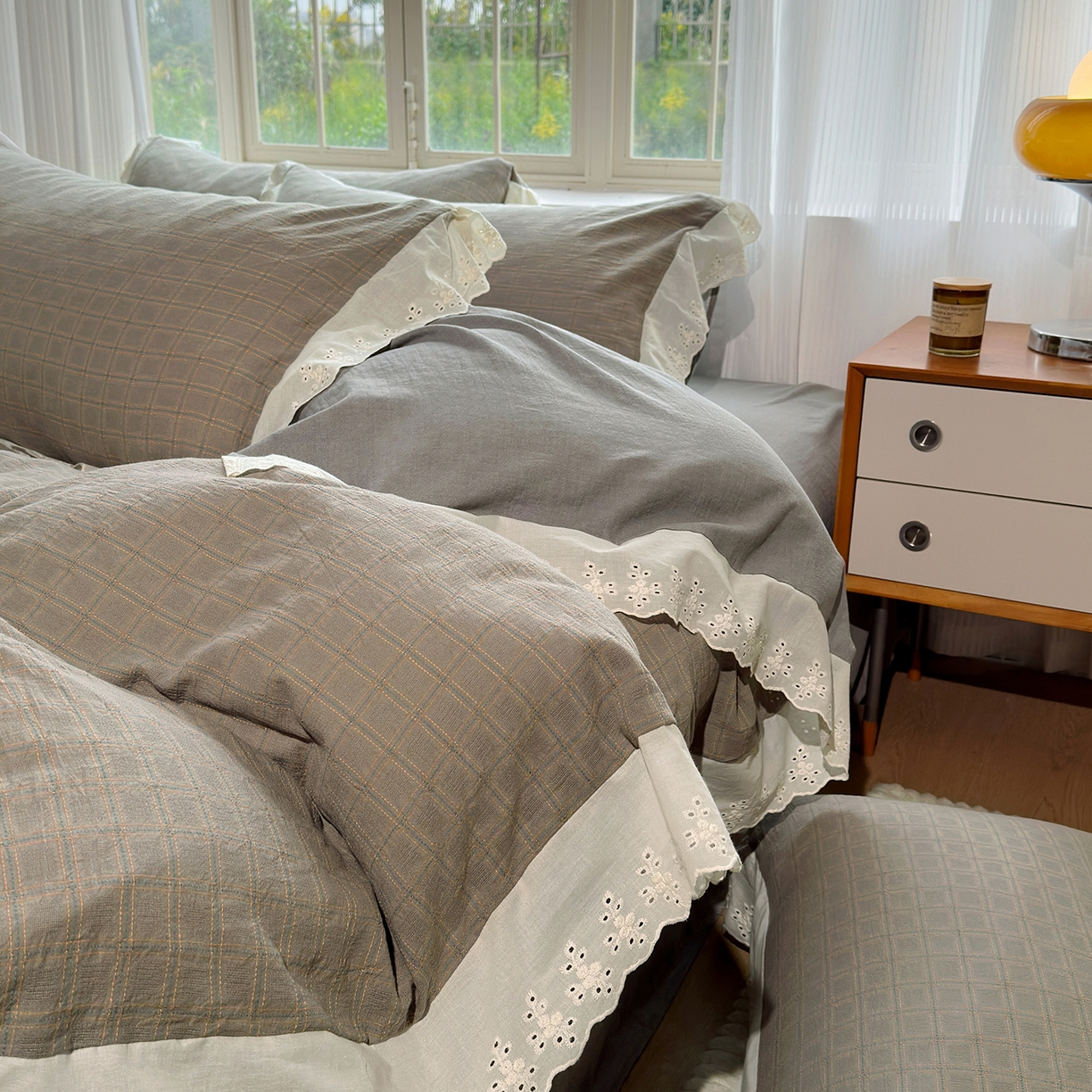 91家纺网 家纺一手货源 找家纺 （总）水洗的故事（原有乐家） 2025新款全棉水洗色织提花大花边四件套