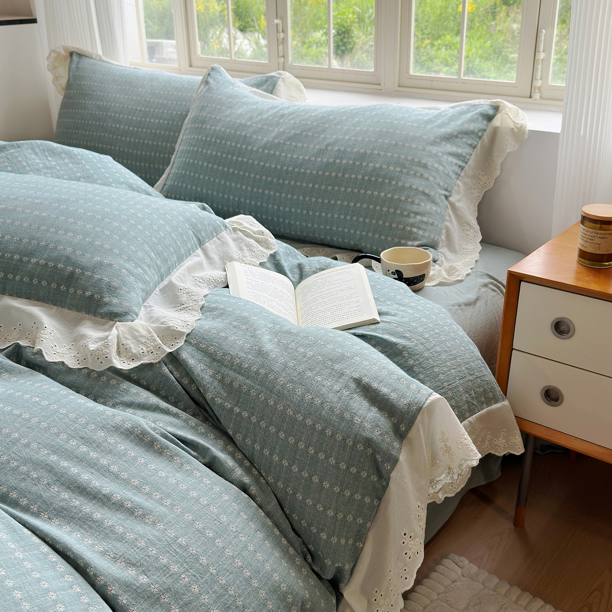 91家纺网 家纺一手货源 找家纺 （总）水洗的故事（原有乐家） 2025新款全棉水洗色织提花大花边四件套