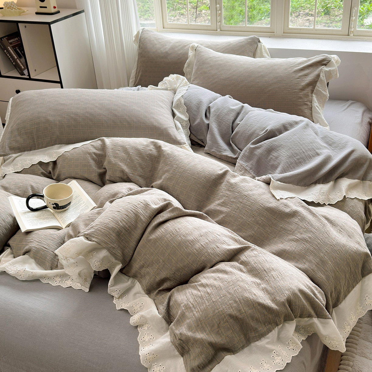 91家纺网 家纺一手货源 找家纺 （总）水洗的故事（原有乐家） 2025新款全棉水洗色织提花大花边四件套