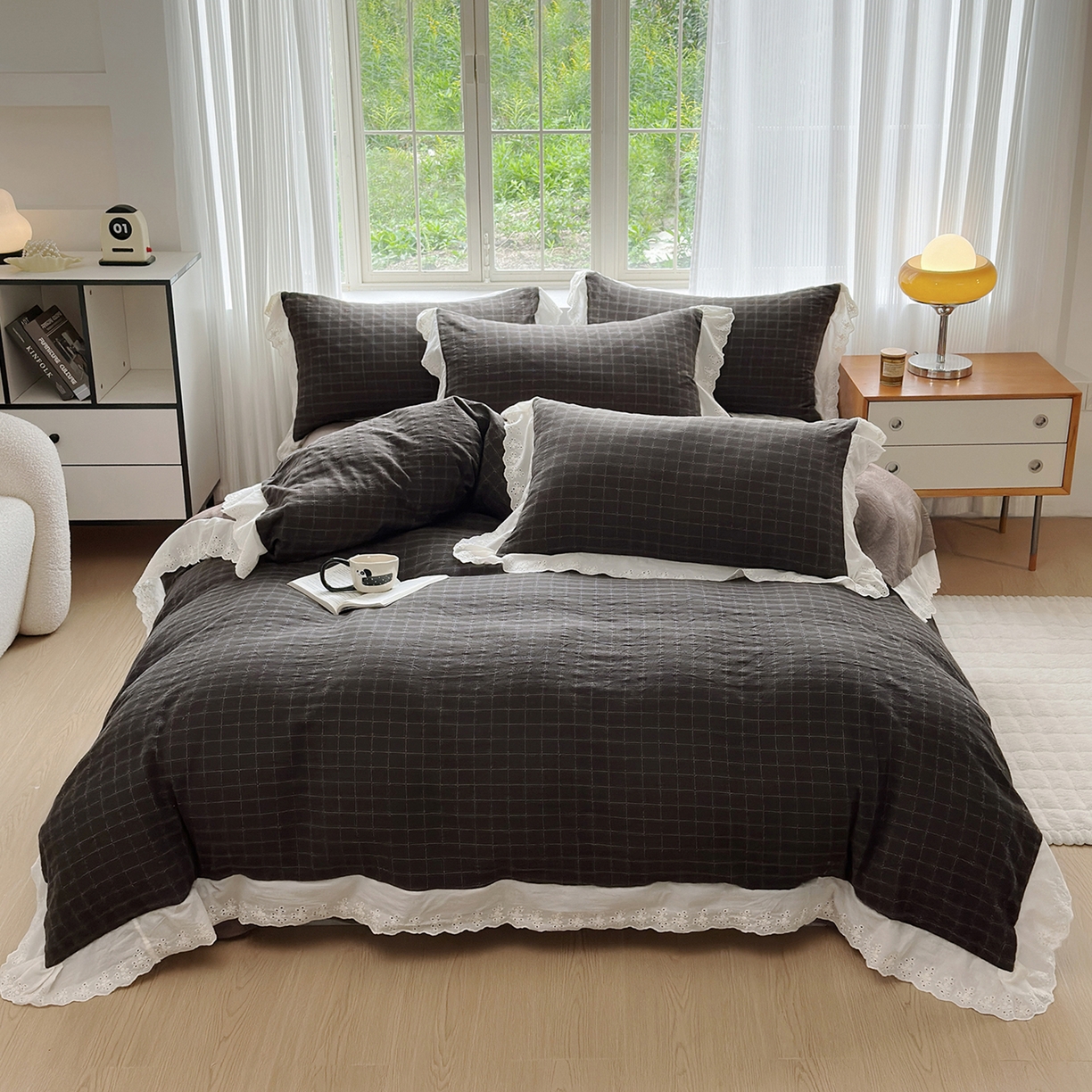 91家纺网 家纺一手货源 找家纺 水洗的故事（原有乐家） 2025新款全棉水洗色织提花大花边四件套 布朗妮-咖