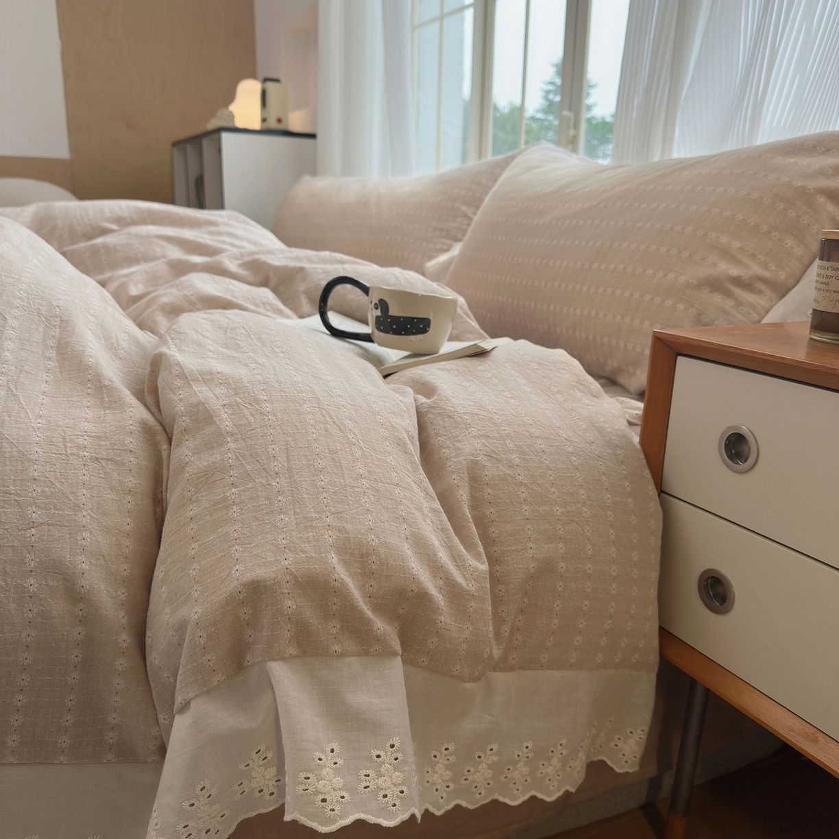 91家纺网 家纺一手货源 找家纺 水洗的故事（原有乐家） 2025新款全棉水洗色织提花大花边四件套 满天星-米