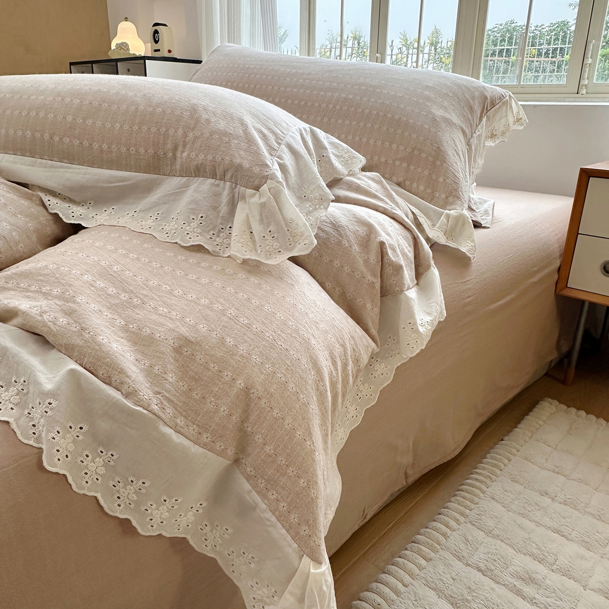 91家纺网 家纺一手货源 找家纺 水洗的故事（原有乐家） 2025新款全棉水洗色织提花大花边四件套 满天星-米