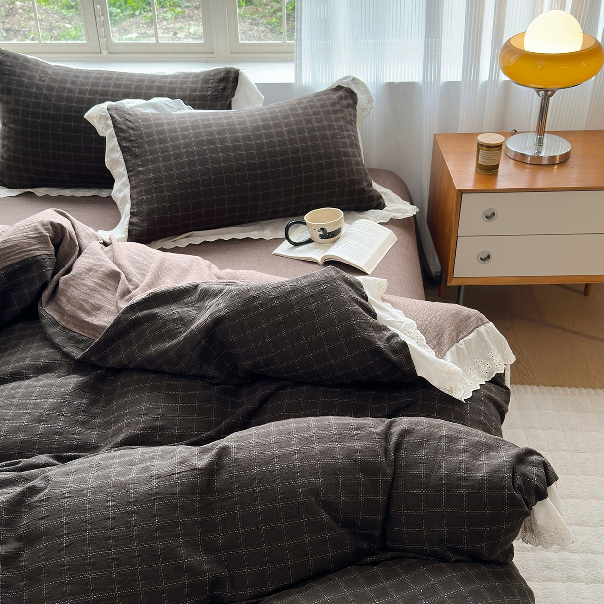 91家纺网 家纺一手货源 找家纺 水洗的故事（原有乐家） 2025新款全棉水洗色织提花大花边四件套 布朗妮-咖