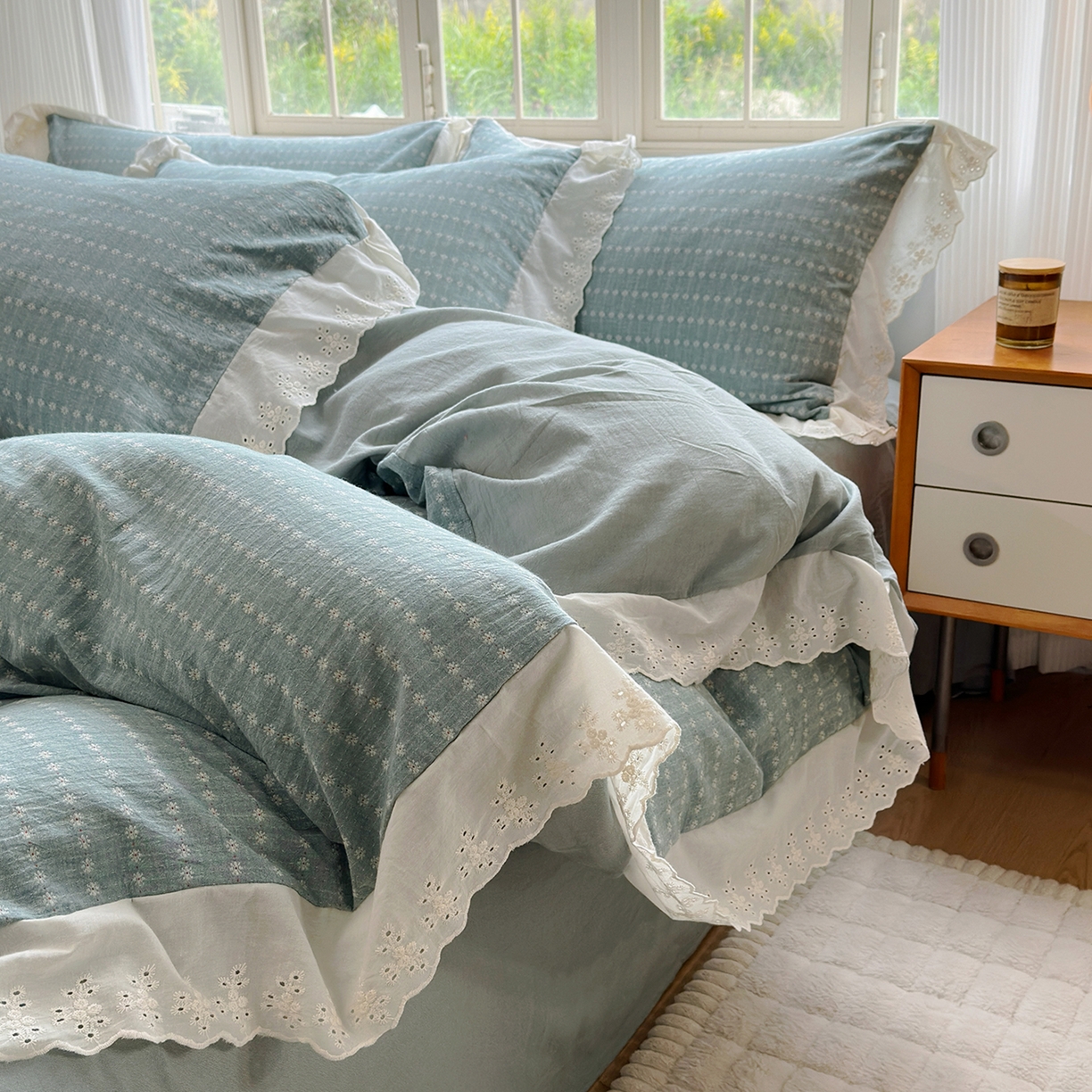 91家纺网 家纺一手货源 找家纺 水洗的故事（原有乐家） 2025新款全棉水洗色织提花大花边四件套 满天星-绿