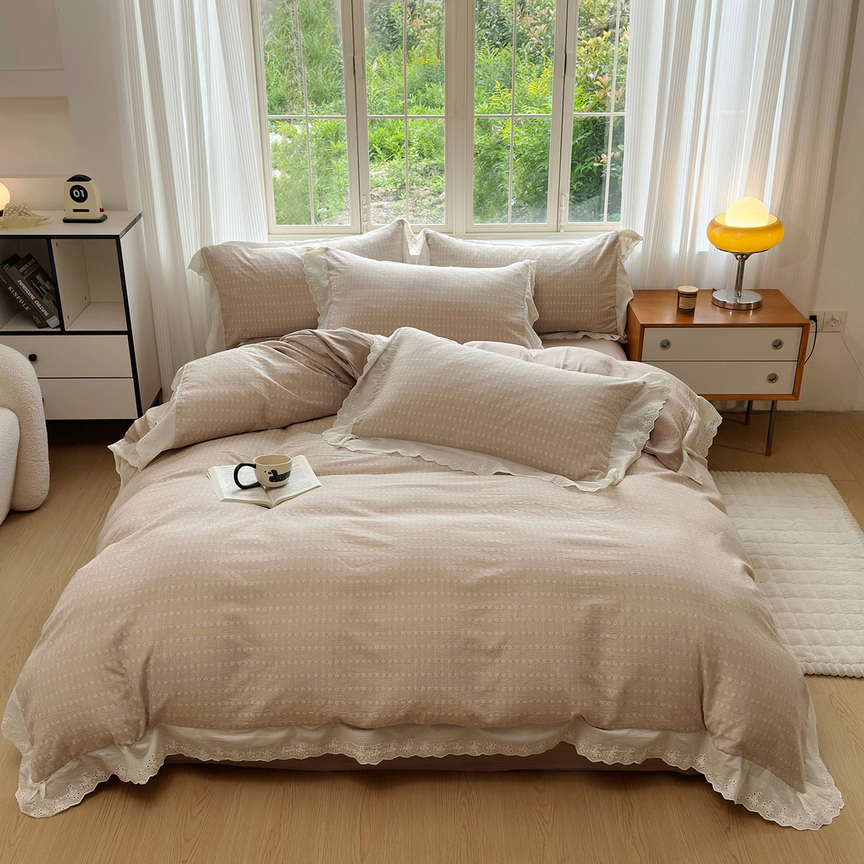 91家纺网 家纺一手货源 找家纺 水洗的故事（原有乐家） 2025新款全棉水洗色织提花大花边四件套 满天星-米