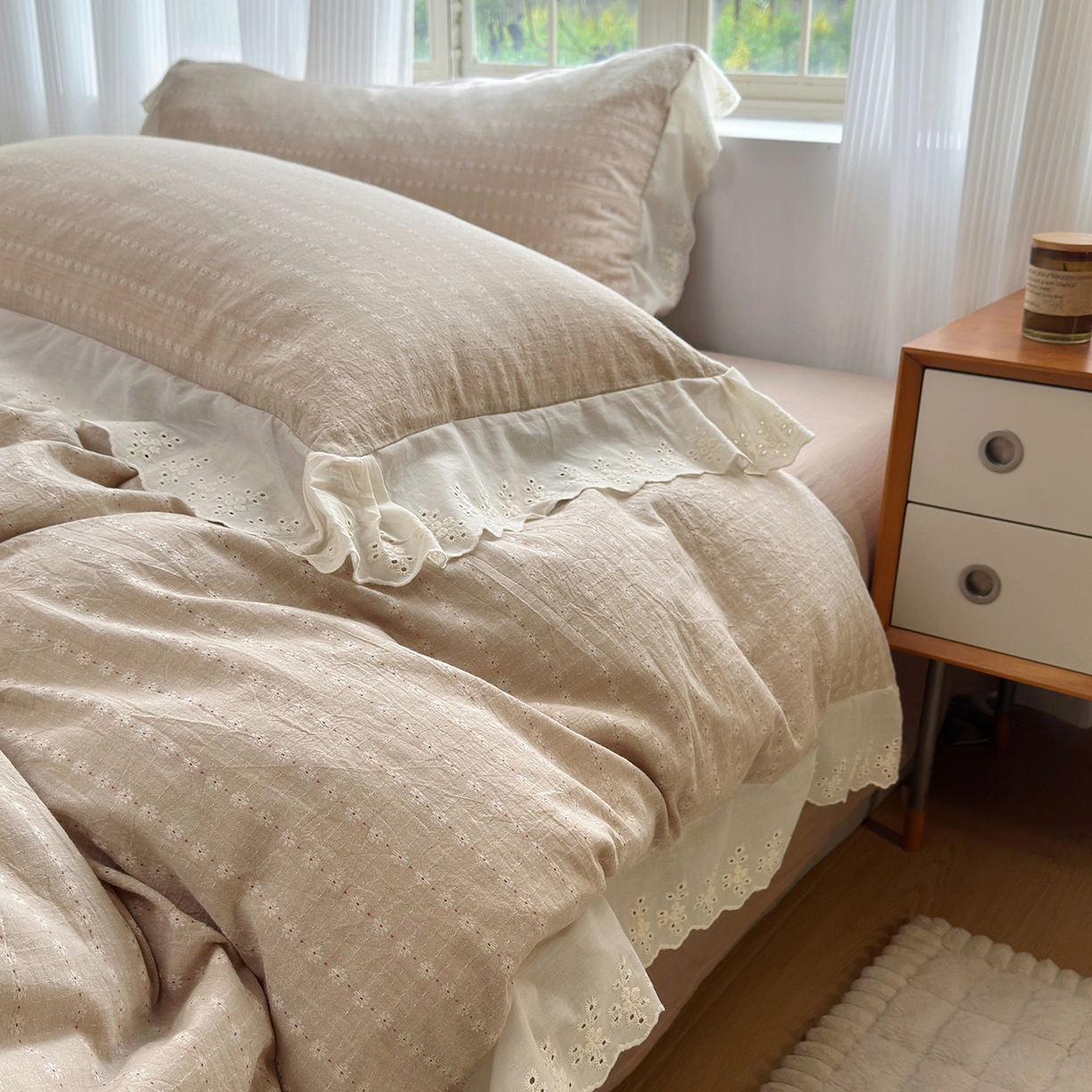 水洗的故事（原有乐家） 2025新款全棉水洗色织提花大花边四件套 满天星-米