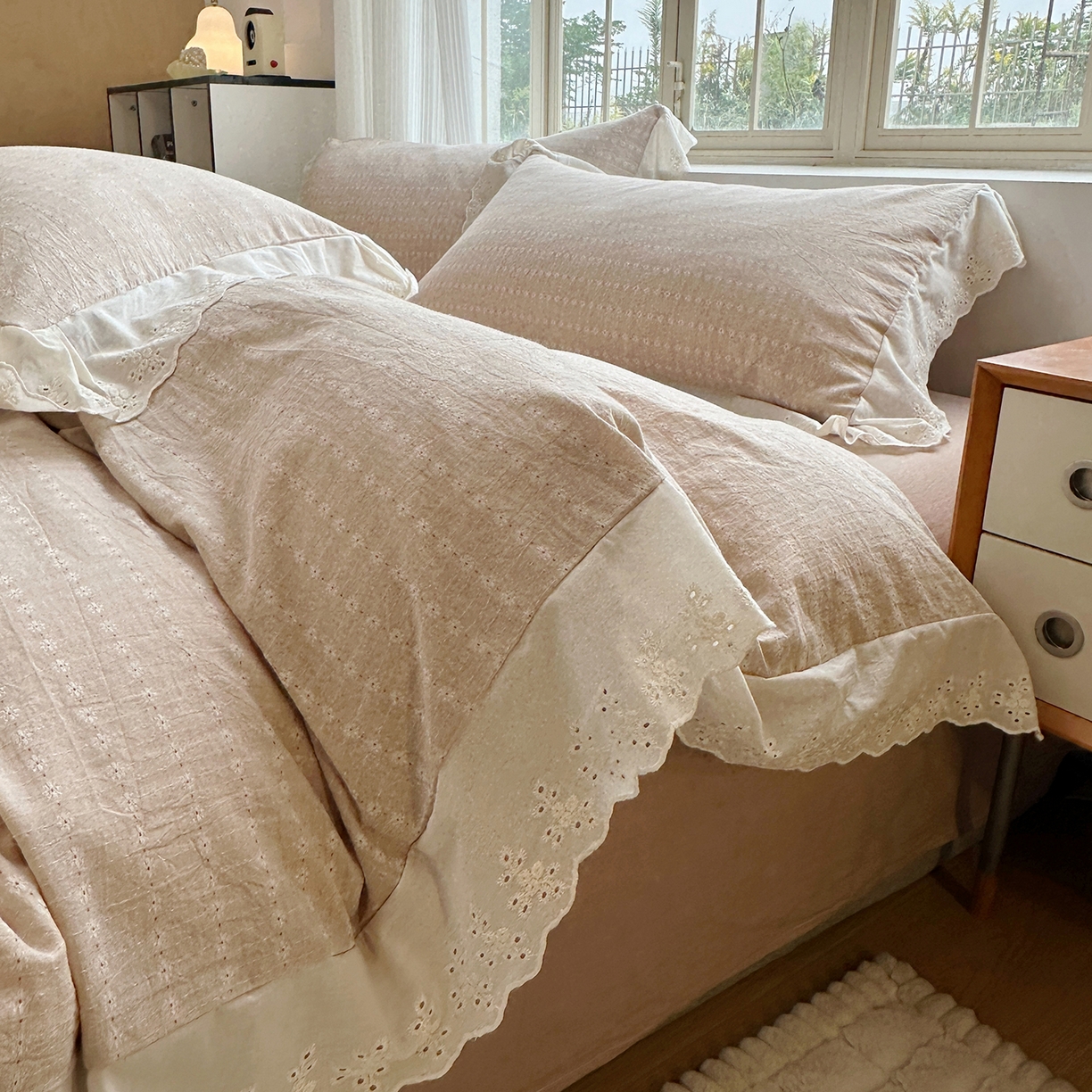 91家纺网 家纺一手货源 找家纺 水洗的故事（原有乐家） 2025新款全棉水洗色织提花大花边四件套 满天星-米