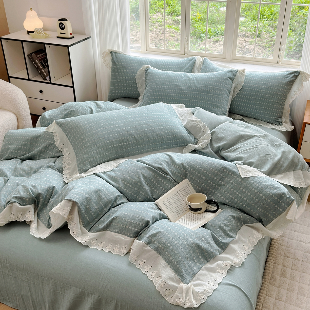 91家纺网 家纺一手货源 找家纺 水洗的故事（原有乐家） 2025新款全棉水洗色织提花大花边四件套 满天星-绿