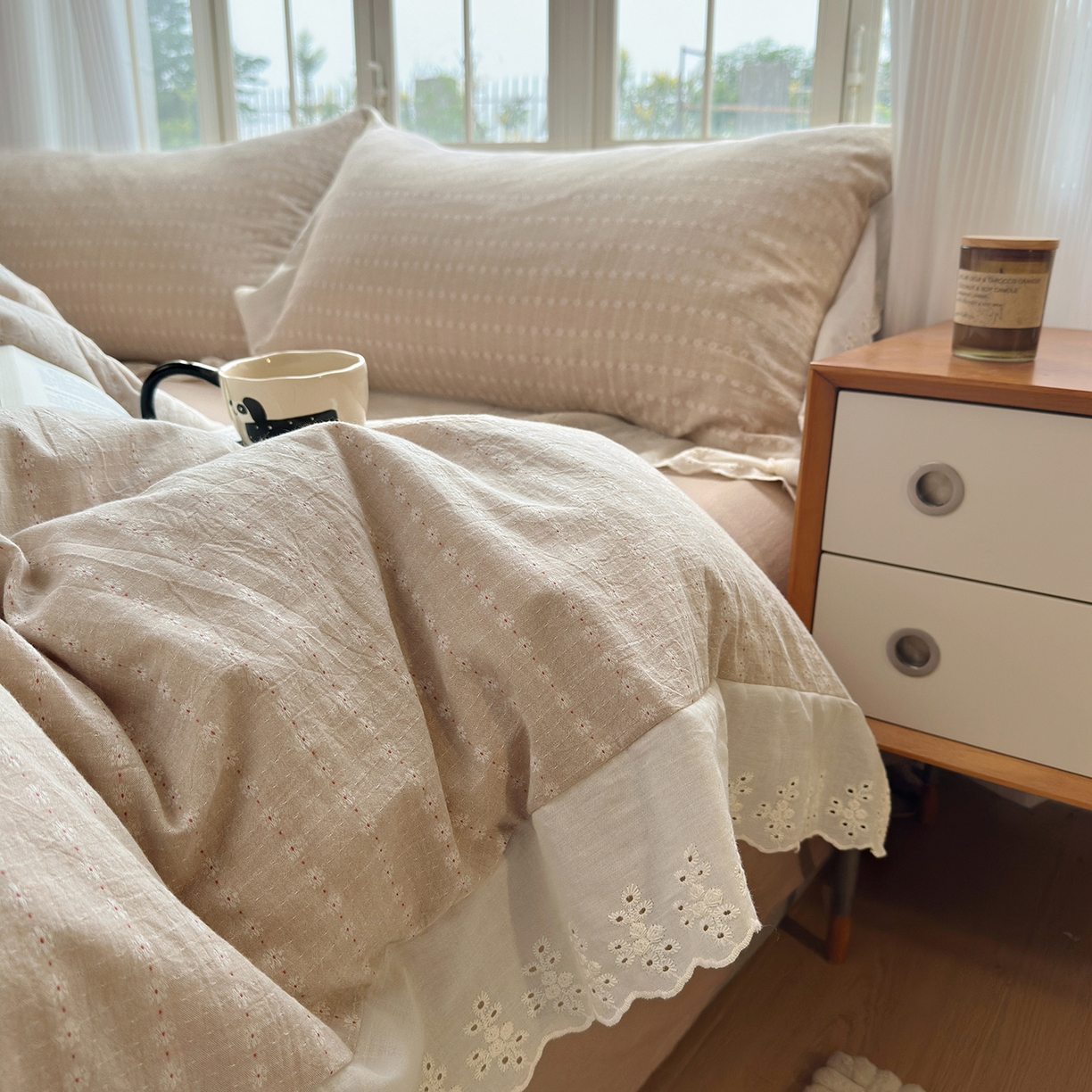 91家纺网 家纺一手货源 找家纺 水洗的故事（原有乐家） 2025新款全棉水洗色织提花大花边四件套 满天星-米