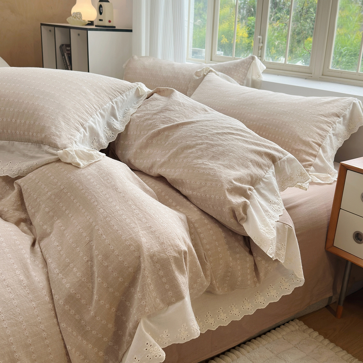 91家纺网 家纺一手货源 找家纺 水洗的故事（原有乐家） 2025新款全棉水洗色织提花大花边四件套 满天星-米