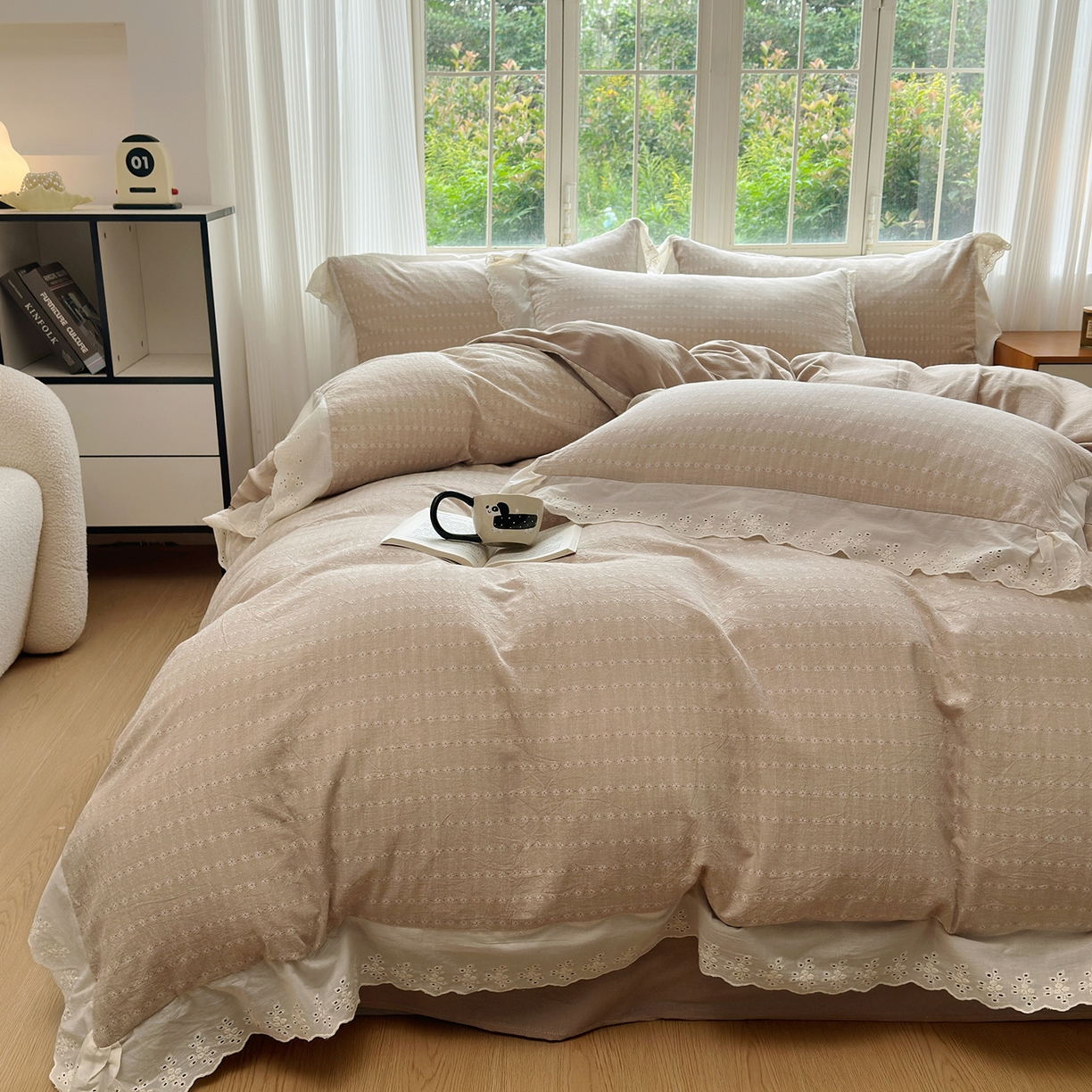 91家纺网 家纺一手货源 找家纺 水洗的故事（原有乐家） 2025新款全棉水洗色织提花大花边四件套 满天星-米