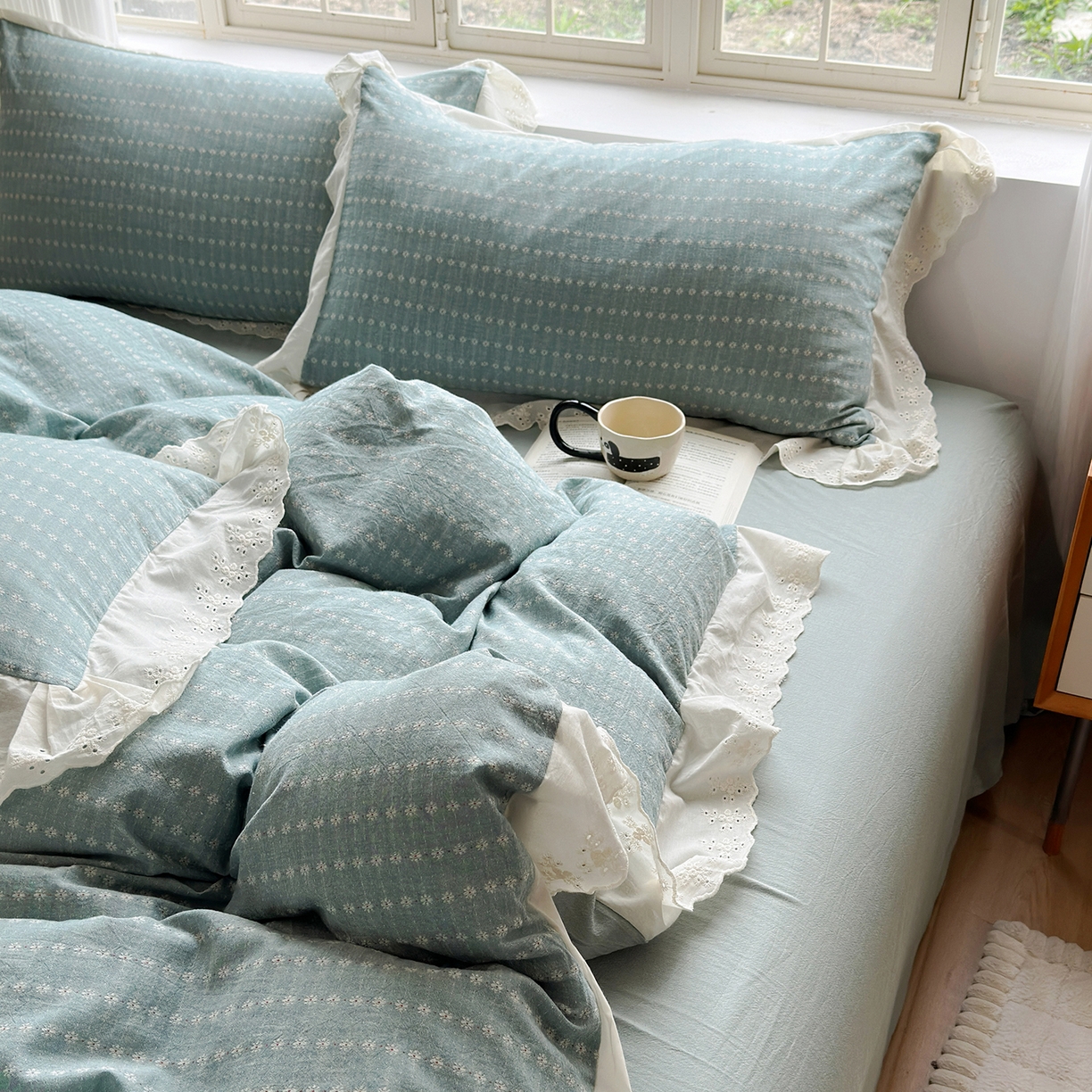 91家纺网 家纺一手货源 找家纺 水洗的故事（原有乐家） 2025新款全棉水洗色织提花大花边四件套 满天星-绿