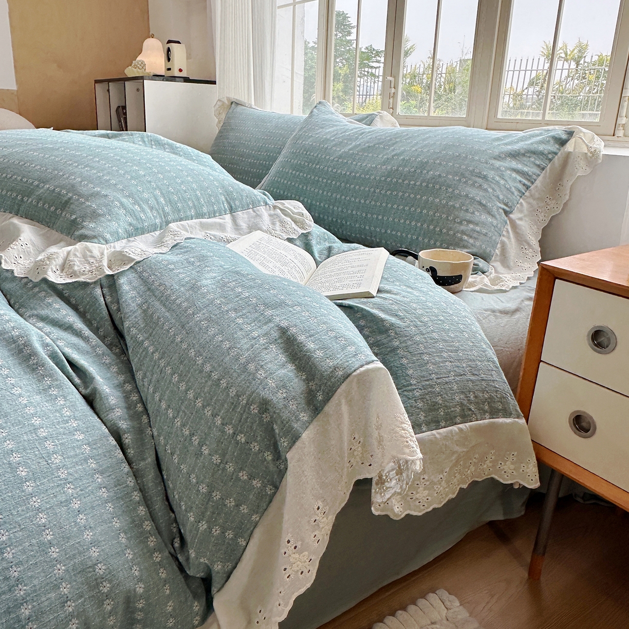 91家纺网 家纺一手货源 找家纺 水洗的故事（原有乐家） 2025新款全棉水洗色织提花大花边四件套 满天星-绿