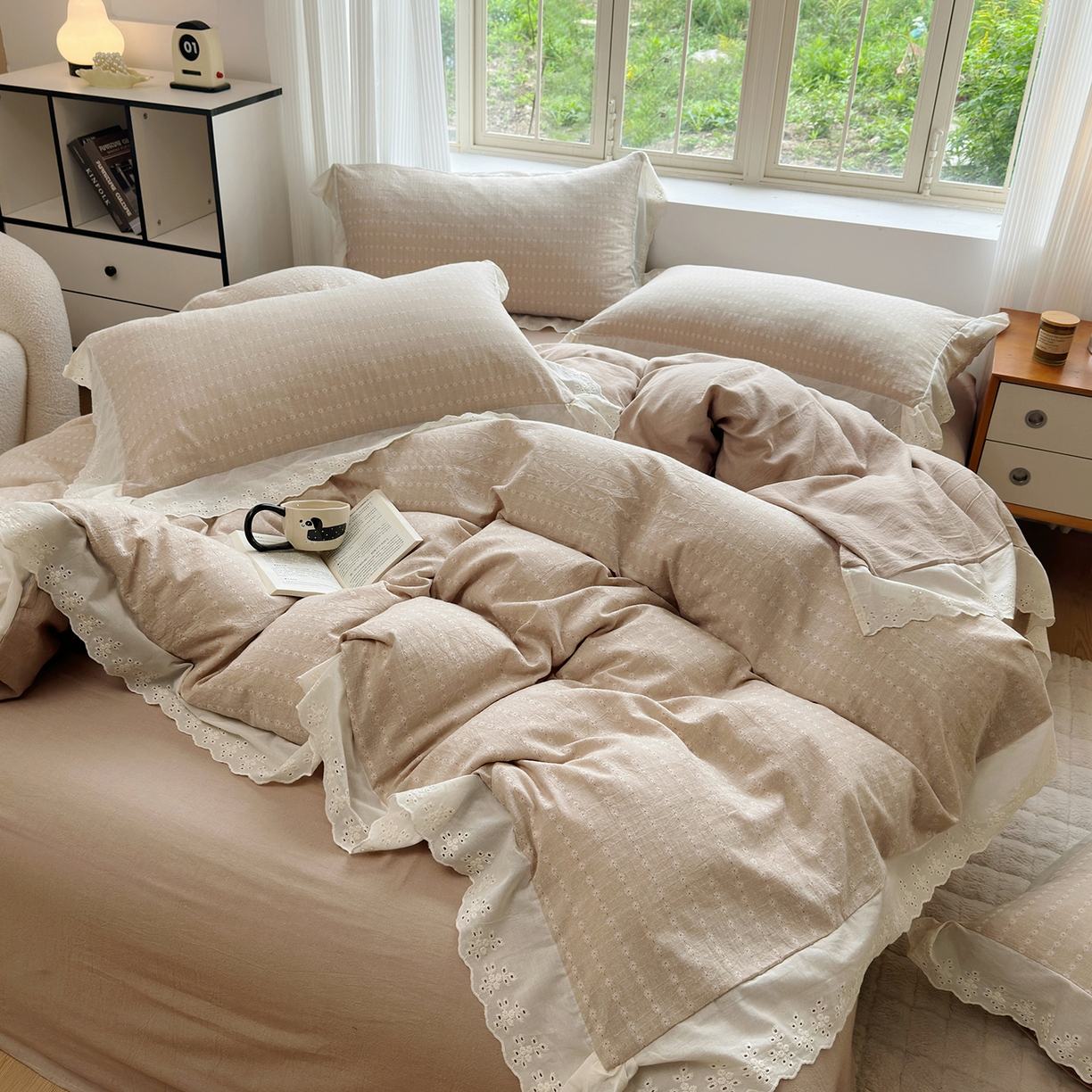 91家纺网 家纺一手货源 找家纺 水洗的故事（原有乐家） 2025新款全棉水洗色织提花大花边四件套 满天星-米