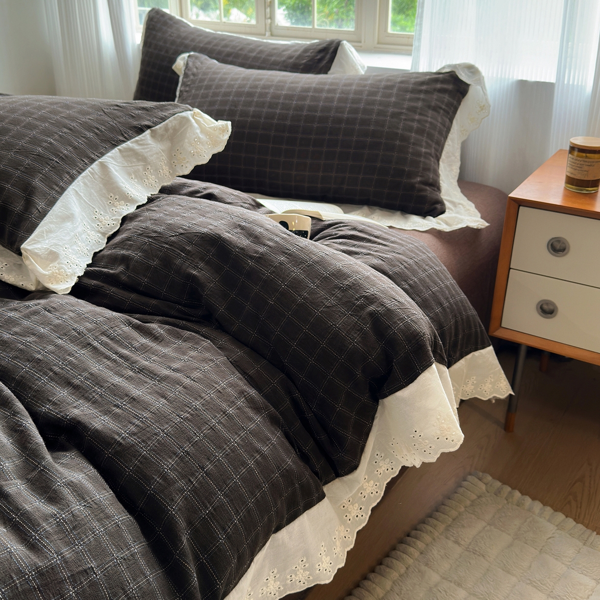 水洗的故事（原有乐家） 2025新款全棉水洗色织提花大花边四件套 布朗妮-咖