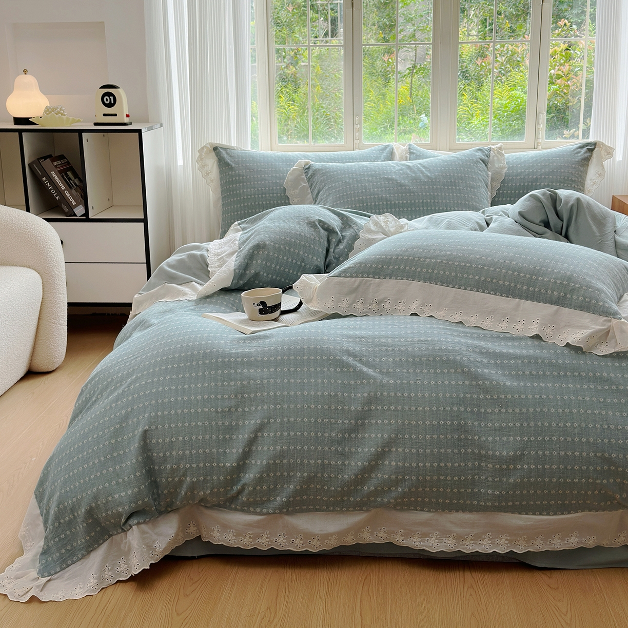 91家纺网 家纺一手货源 找家纺 水洗的故事（原有乐家） 2025新款全棉水洗色织提花大花边四件套 满天星-绿