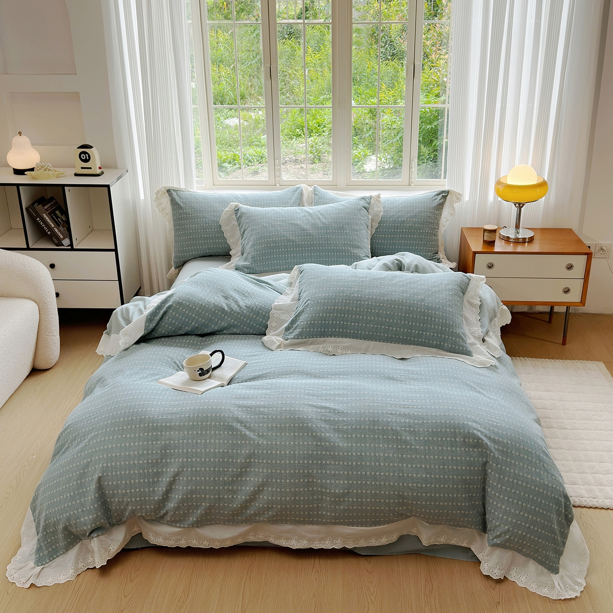 91家纺网 家纺一手货源 找家纺 水洗的故事（原有乐家） 2025新款全棉水洗色织提花大花边四件套 满天星-绿