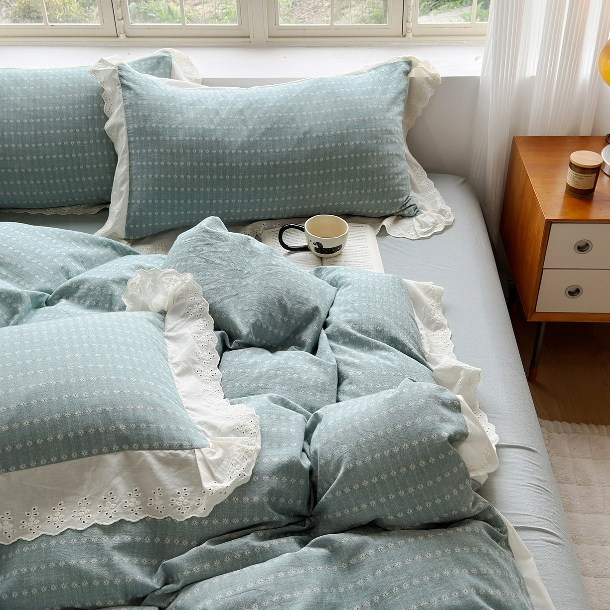 91家纺网 家纺一手货源 找家纺 水洗的故事（原有乐家） 2025新款全棉水洗色织提花大花边四件套 满天星-绿