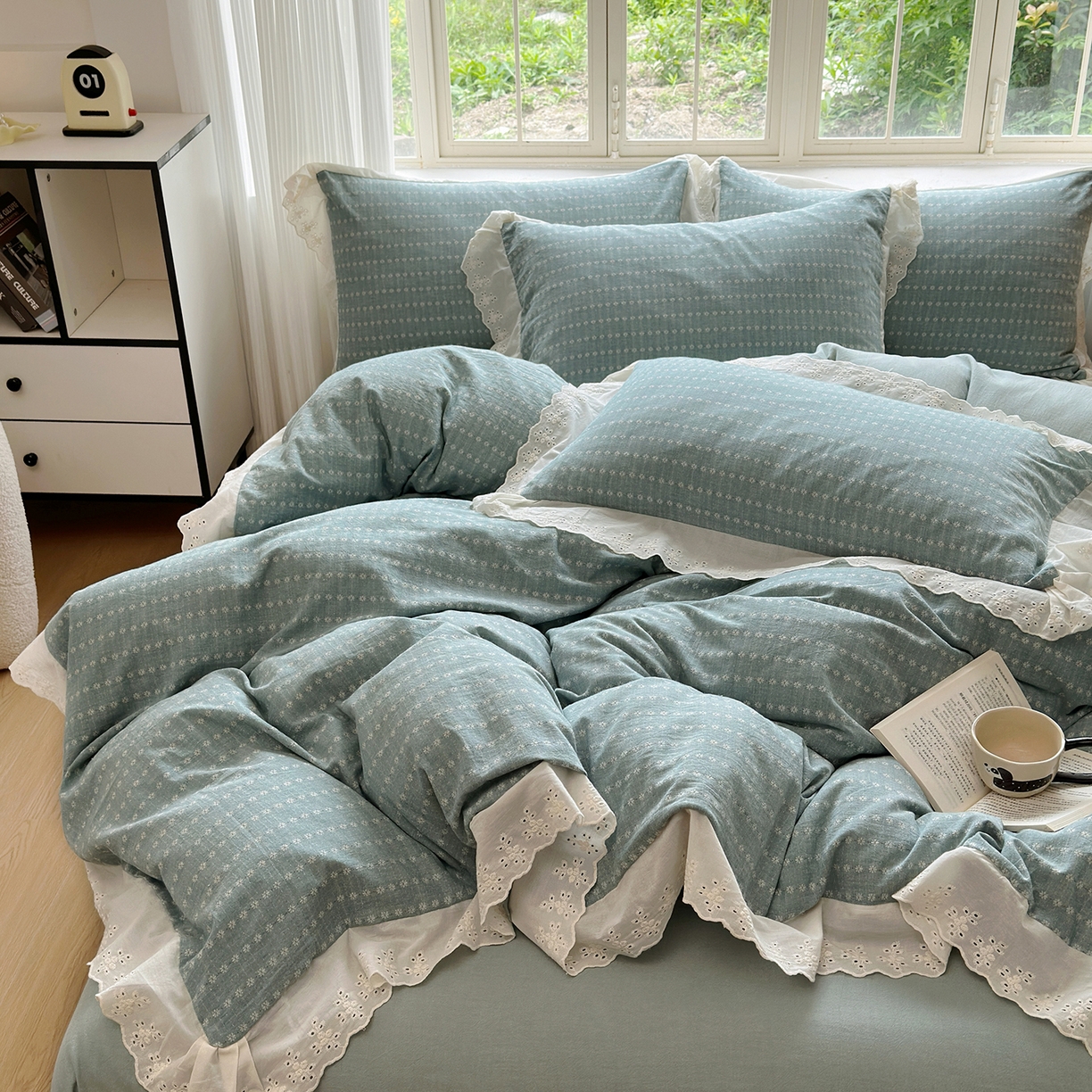 91家纺网 家纺一手货源 找家纺 水洗的故事（原有乐家） 2025新款全棉水洗色织提花大花边四件套 满天星-绿