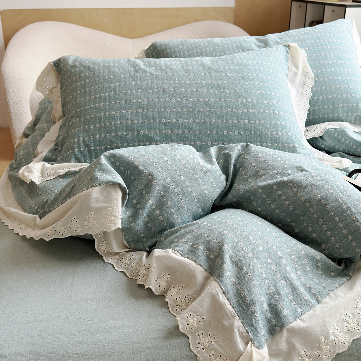 91家纺网 家纺一手货源 找家纺 水洗的故事（原有乐家） 2025新款全棉水洗色织提花大花边四件套 满天星-绿