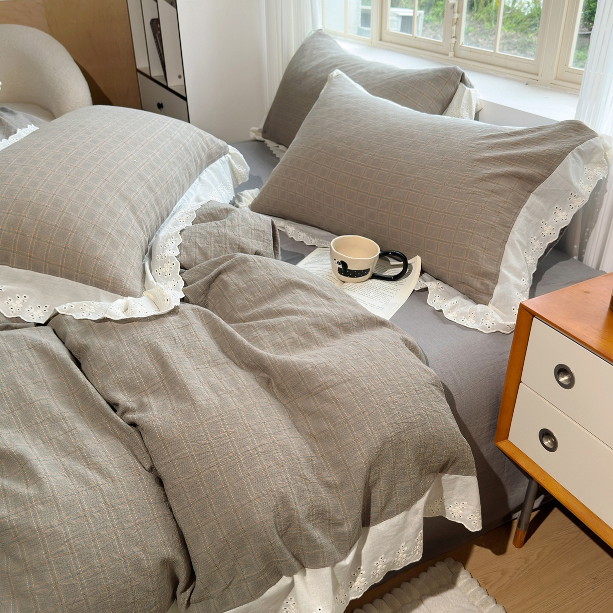 水洗的故事（原有乐家） 2025新款全棉水洗色织提花大花边四件套 布兰妮-灰