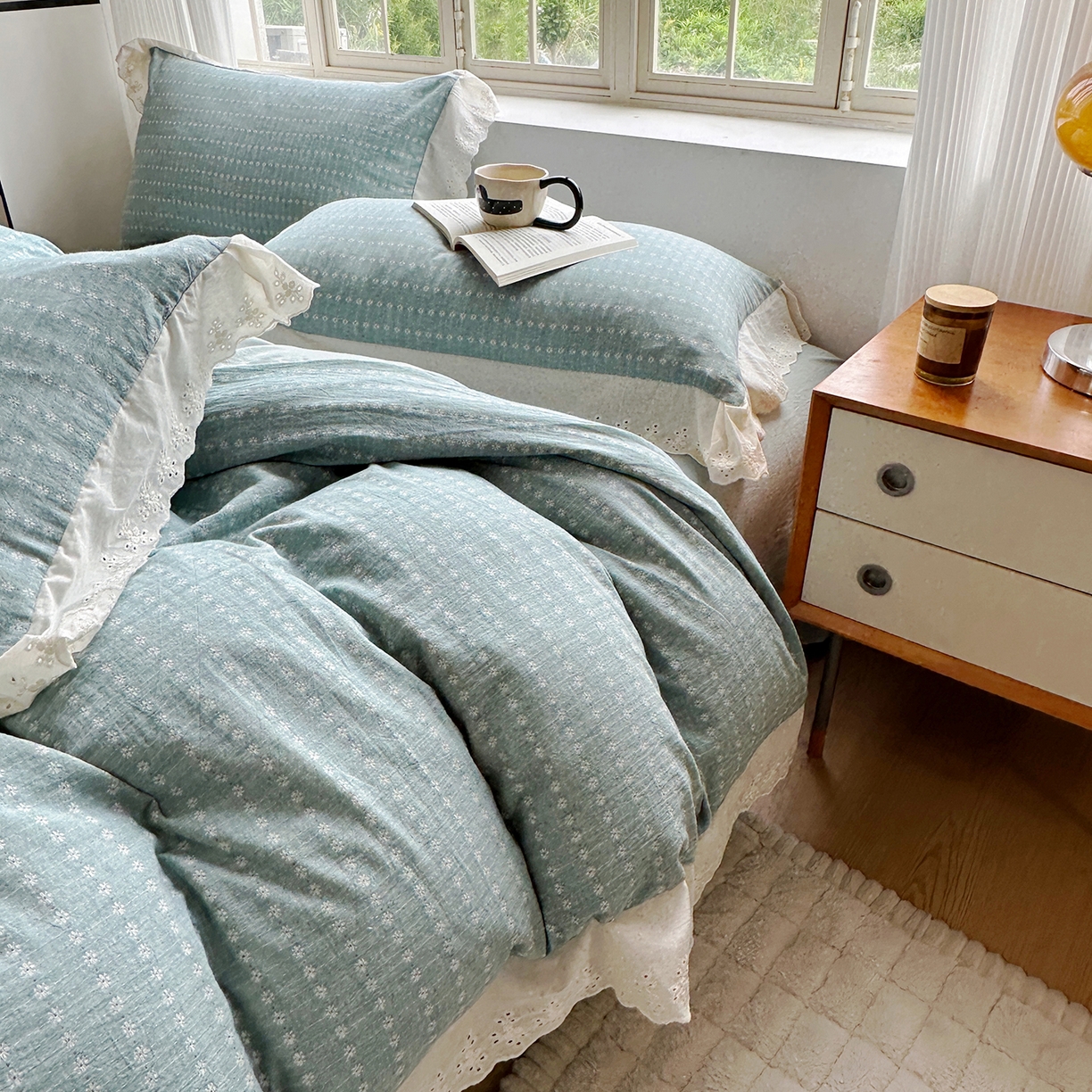 水洗的故事（原有乐家） 2025新款全棉水洗色织提花大花边四件套 满天星-绿