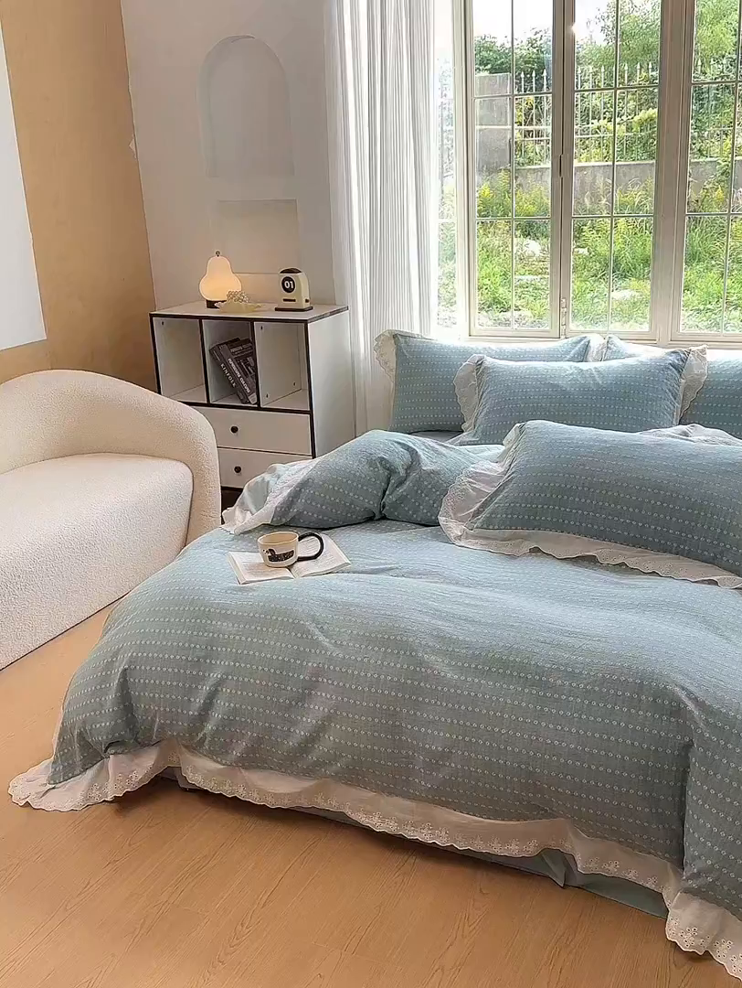 91家纺网 家纺一手货源 找家纺 水洗的故事（原有乐家） 2025新款全棉水洗色织提花大花边四件套 满天星-绿