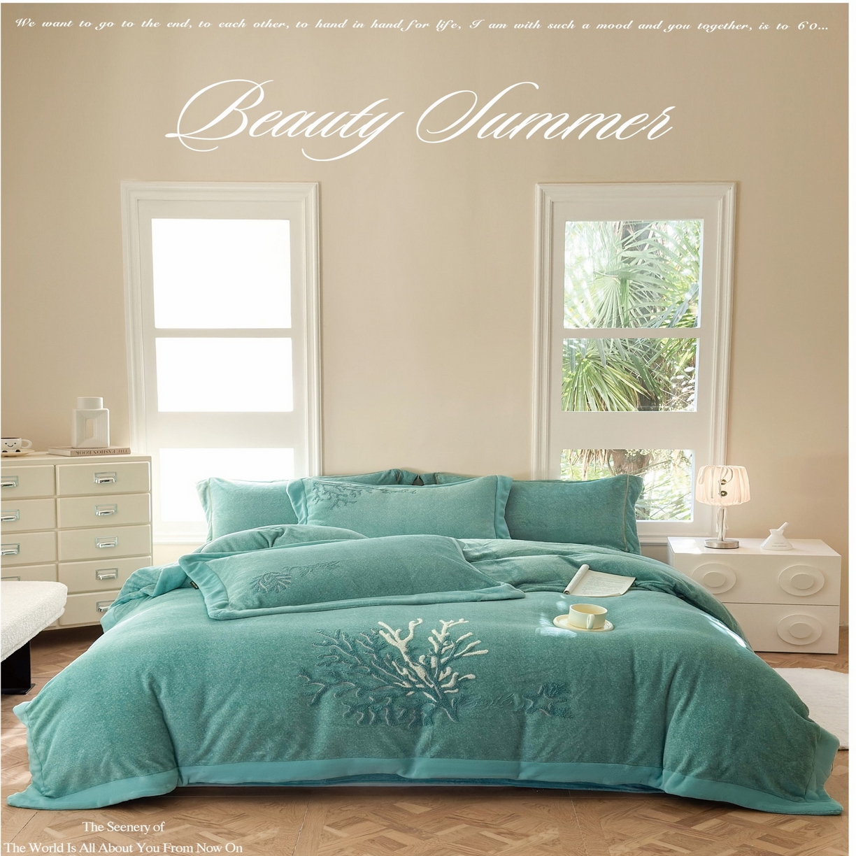 91家纺网 家纺一手货源 找家纺 （总）芯丝路枕业 芯丝路枕业 2025新款肌理纹蚕丝绒四件套-珊海星梦