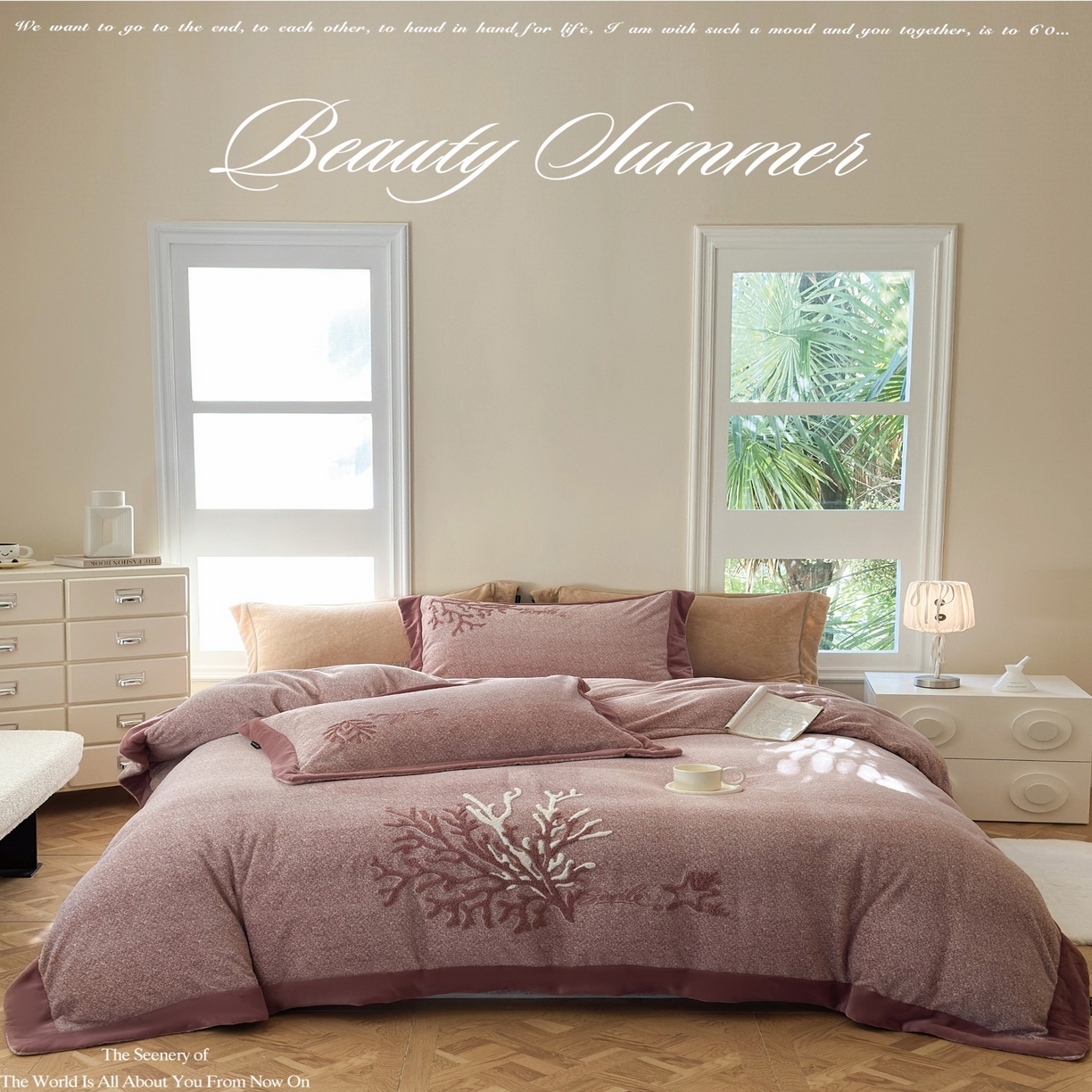 91家纺网 家纺一手货源 找家纺 （总）芯丝路枕业 芯丝路枕业 2025新款肌理纹蚕丝绒四件套-珊海星梦