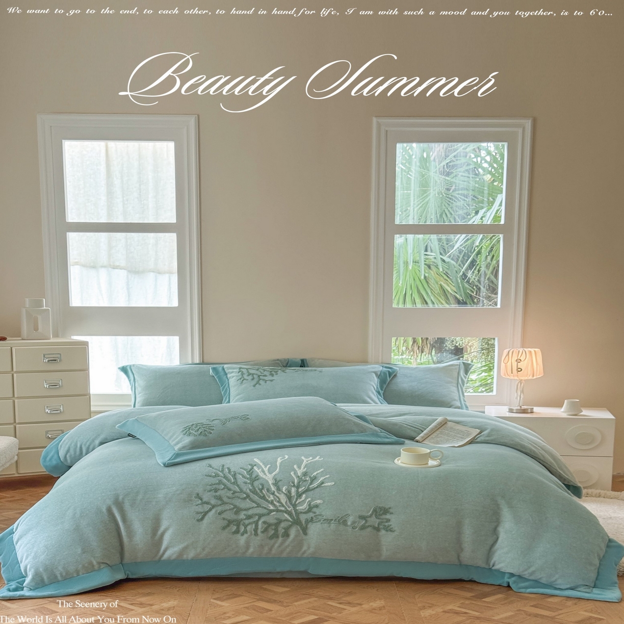 91家纺网 家纺一手货源 找家纺 （总）芯丝路枕业 芯丝路枕业 2025新款肌理纹蚕丝绒四件套-珊海星梦